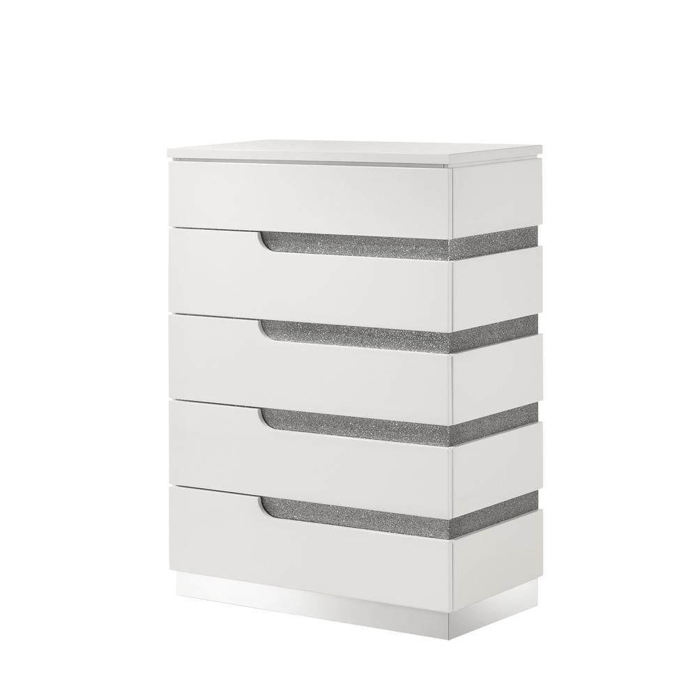 White Gloss 5-Drawer Chest with Silver Accents