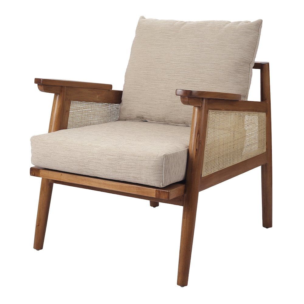 Mid Brown Mahogany and Rattan Accent Chair with Cushions