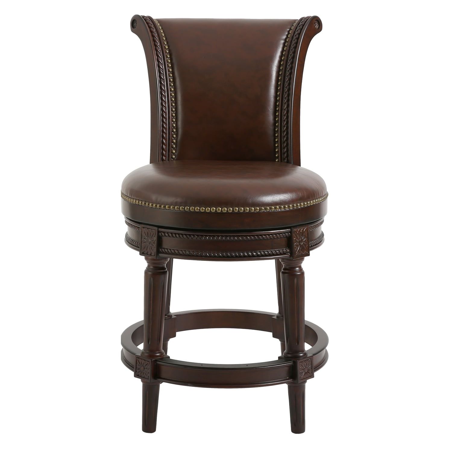 Distressed Walnut Swivel Barstool with Dark Brown Faux Leather Seat