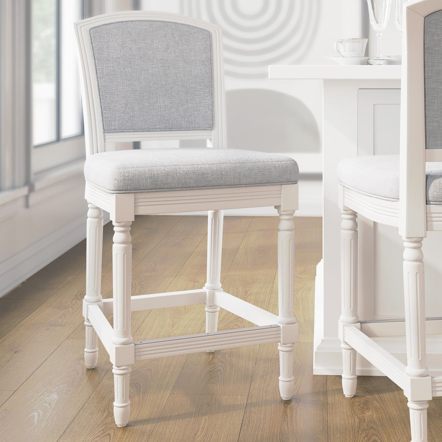 26" White Wood Counter-Height Bar Stool with Gray Upholstered Seat