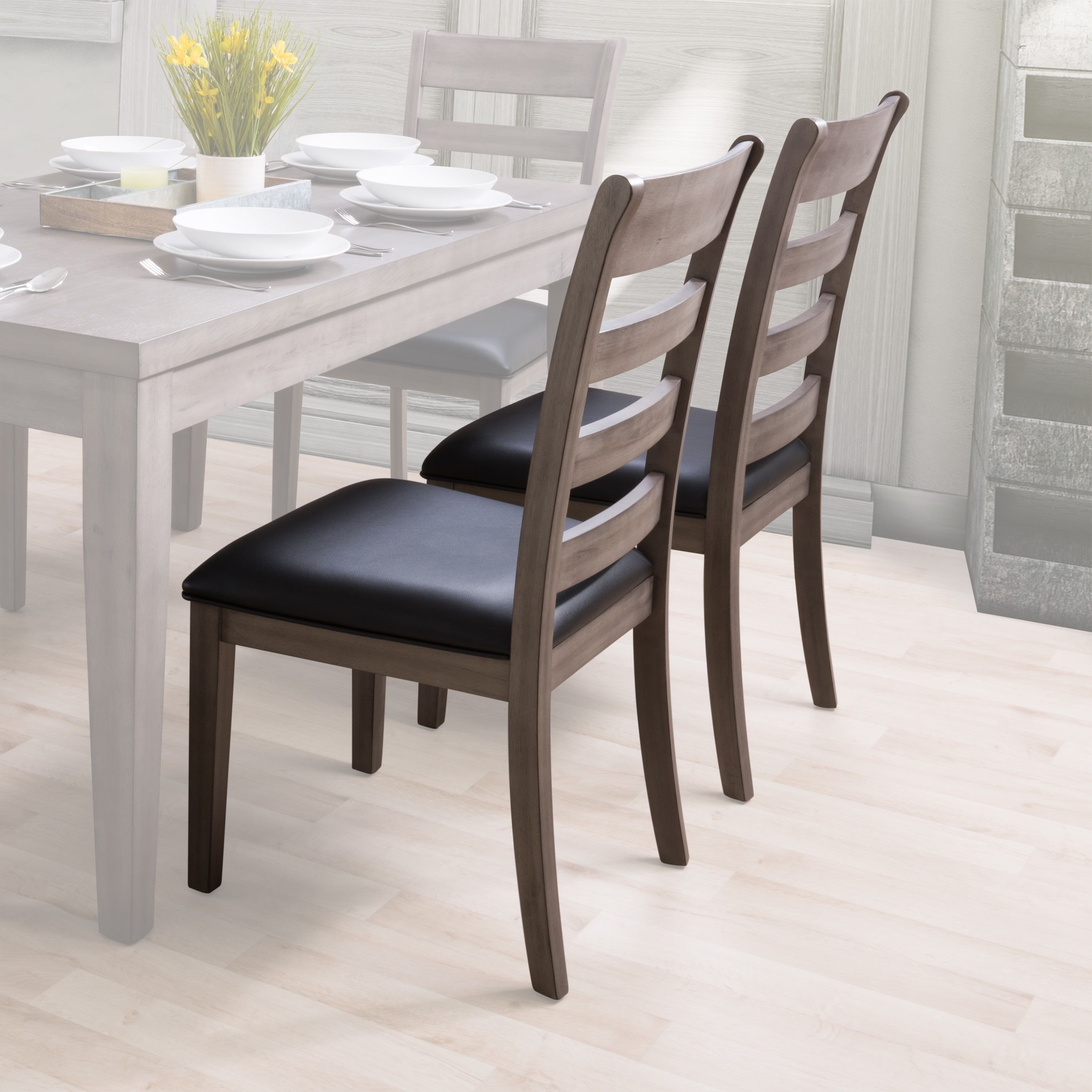 Classic Washed Gray Ladderback Dining Chairs with Faux Leather Cushion, Set of 2