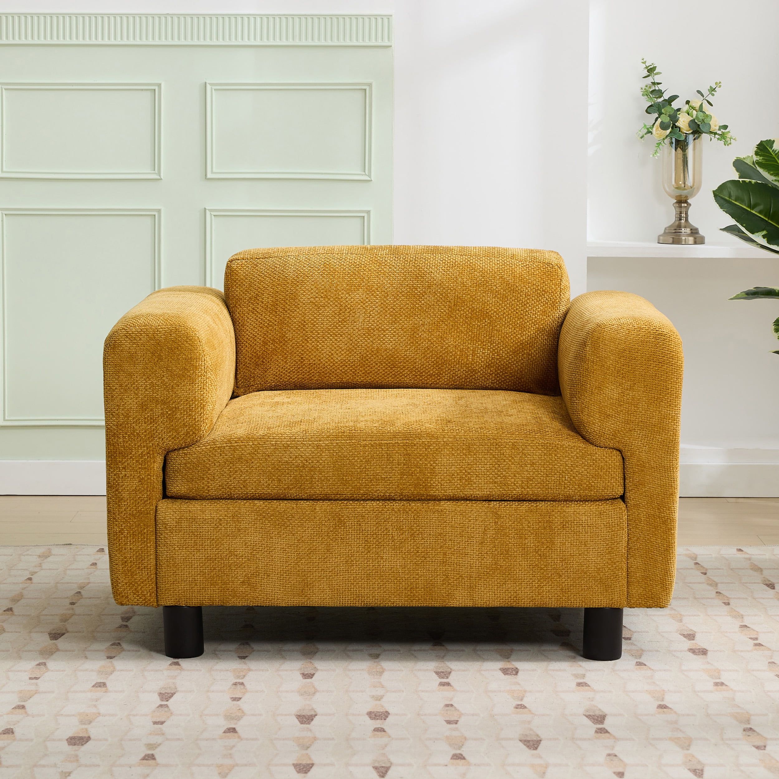 Yellow Velvet Oversized Accent Chair with Rubberwood Legs