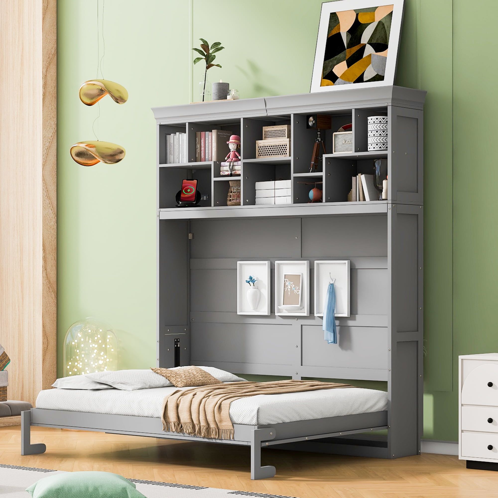 Gray Queen Murphy Bed with Bookcase and USB Ports