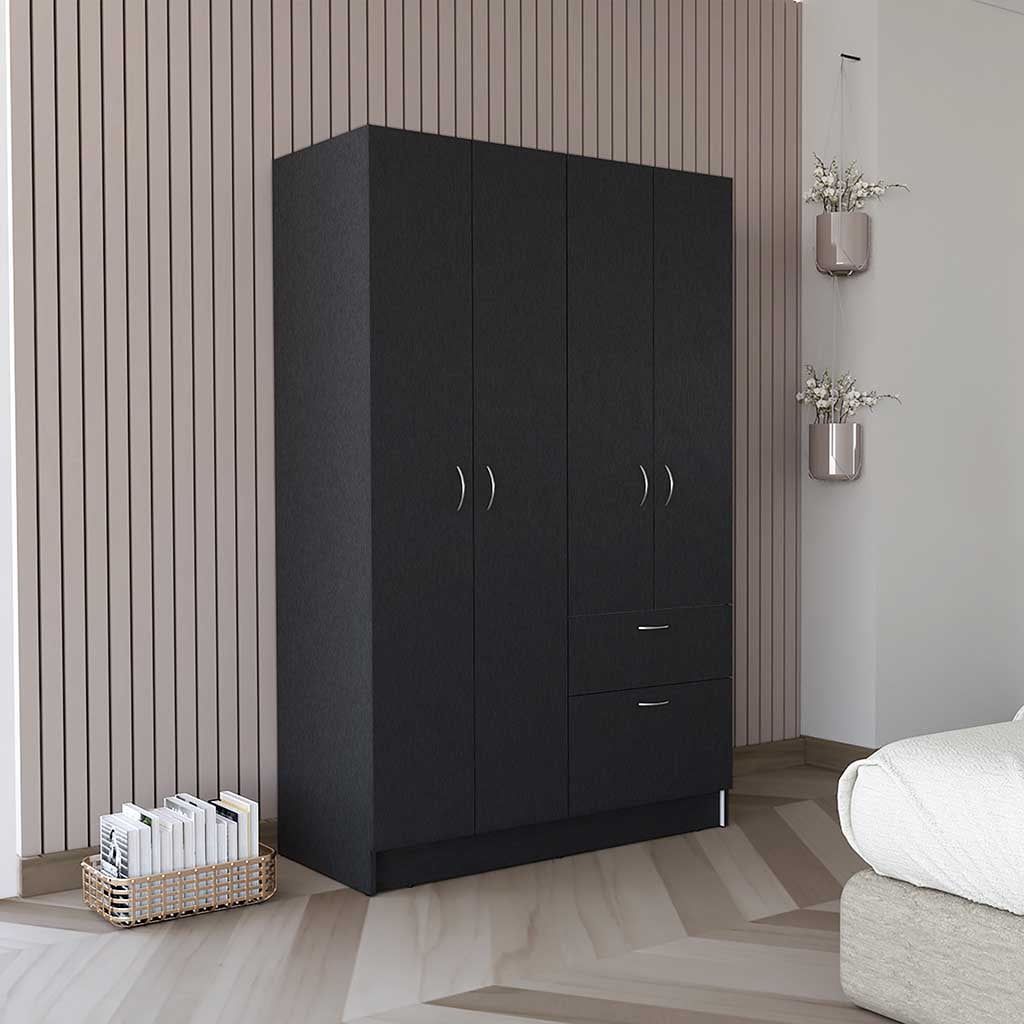 Vaupes Black Double Door Armoire with Drawer and Shelves