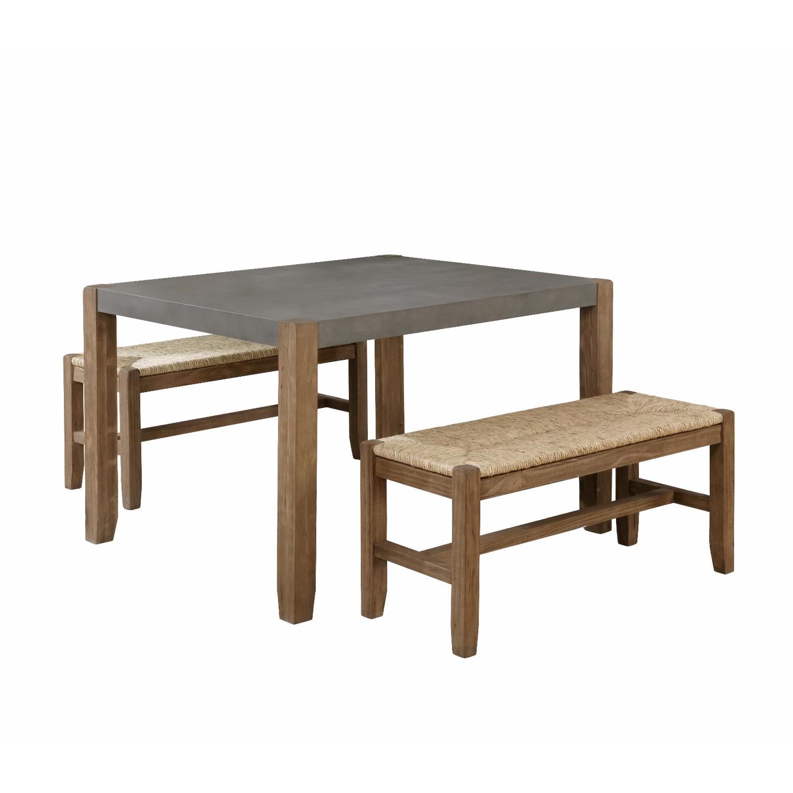 Newport 3-Piece Gray Wood Dining Table with Seagrass Benches