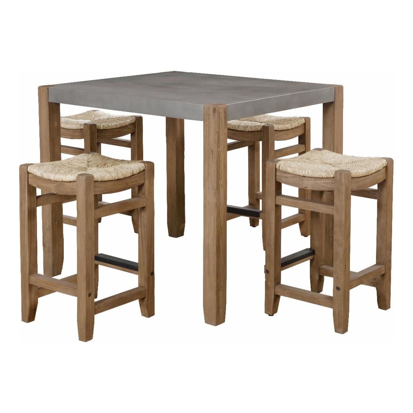 Rustic Industrial Gray Wood Counter-Height Dining Set with Seagrass Stools