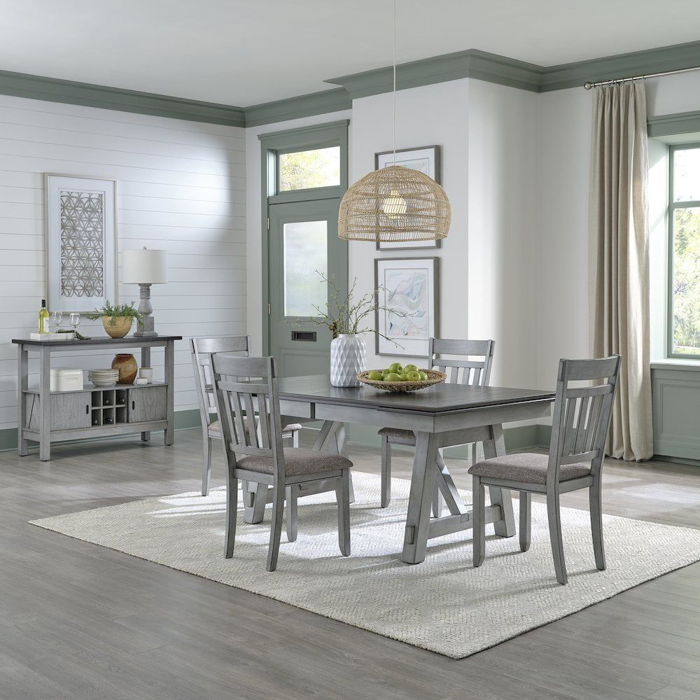 Newport Gray 5-Piece Trestle Dining Table Set with Upholstered Chairs