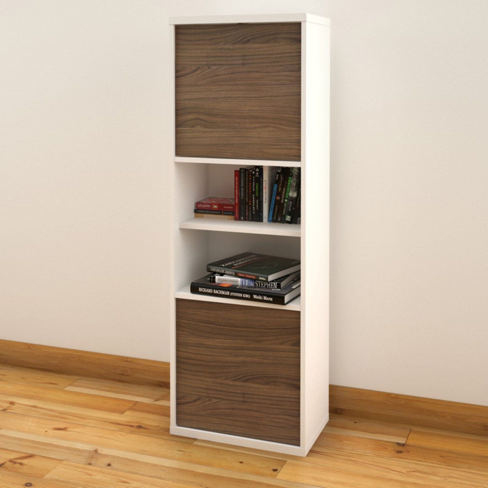 Adjustable Mid-Century Modern White and Walnut 2-Door Bookcase