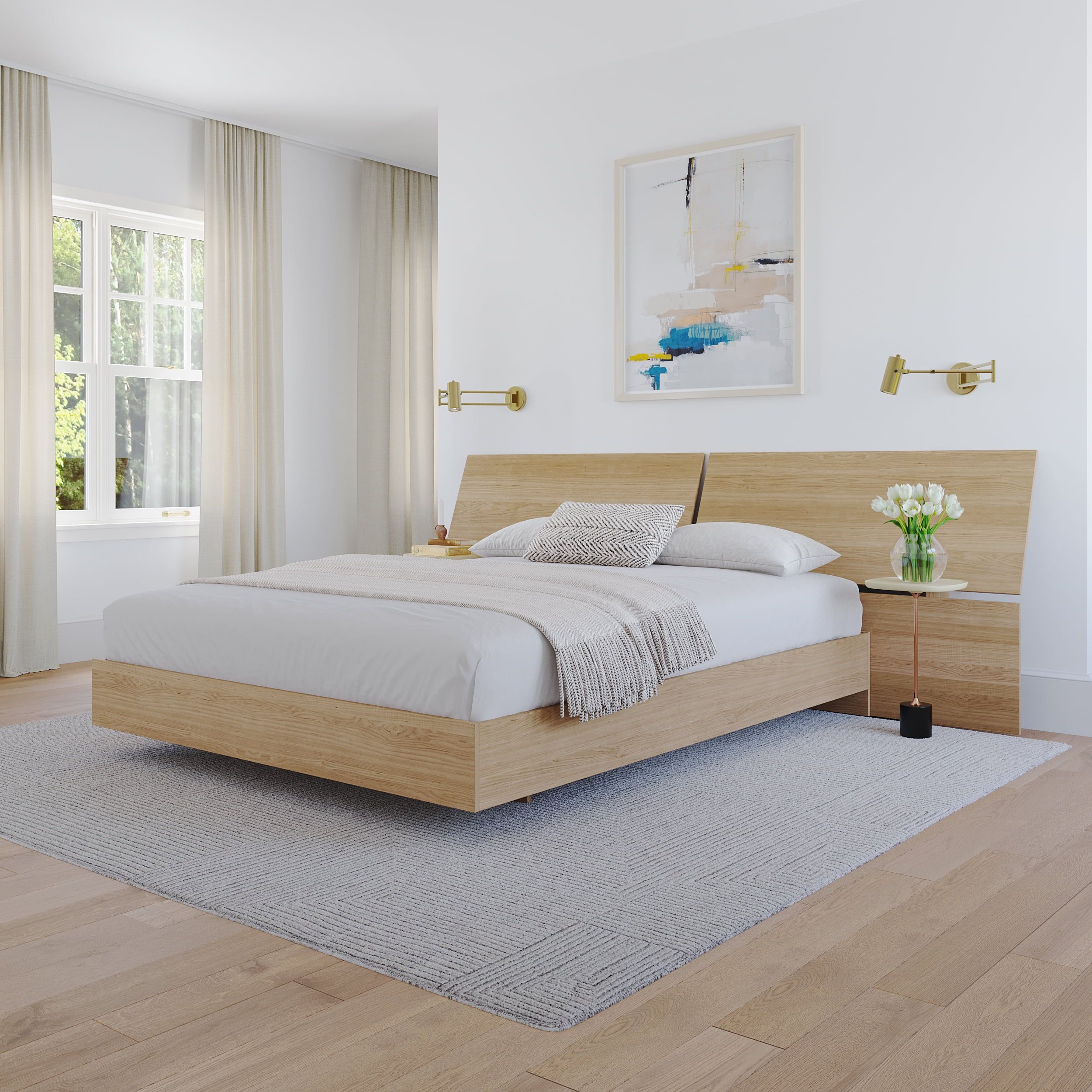 Natural Maple Queen Platform Bed with Panoramic Headboard