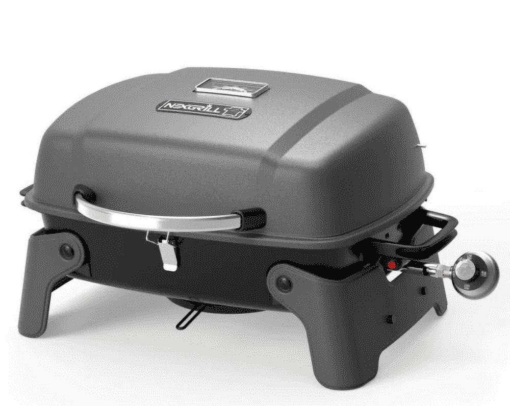 Compact Black Steel Propane Gas Tabletop Grill with Smoker