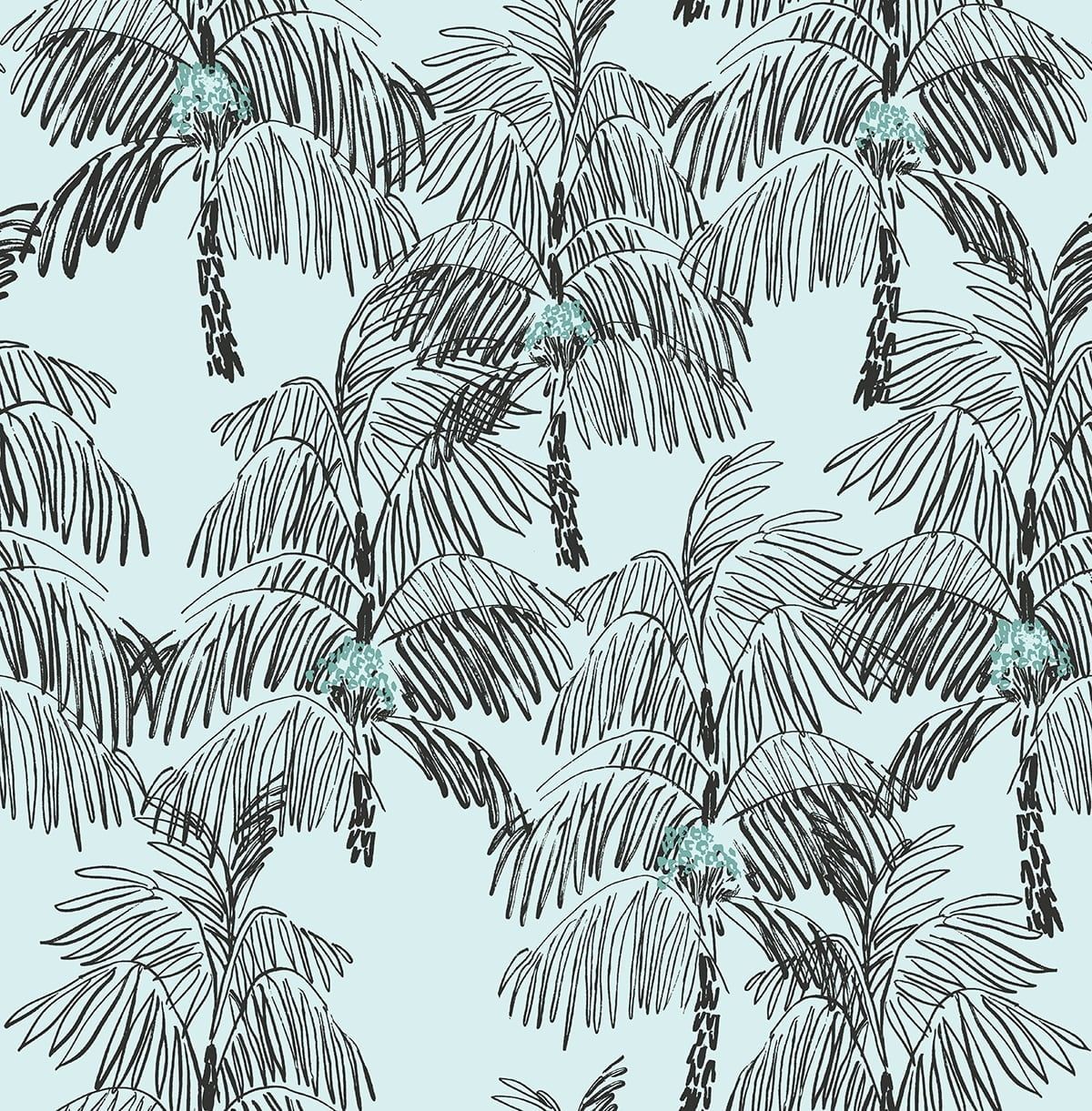 Sky Blue and Black Tropical Palm Peel and Stick Wallpaper