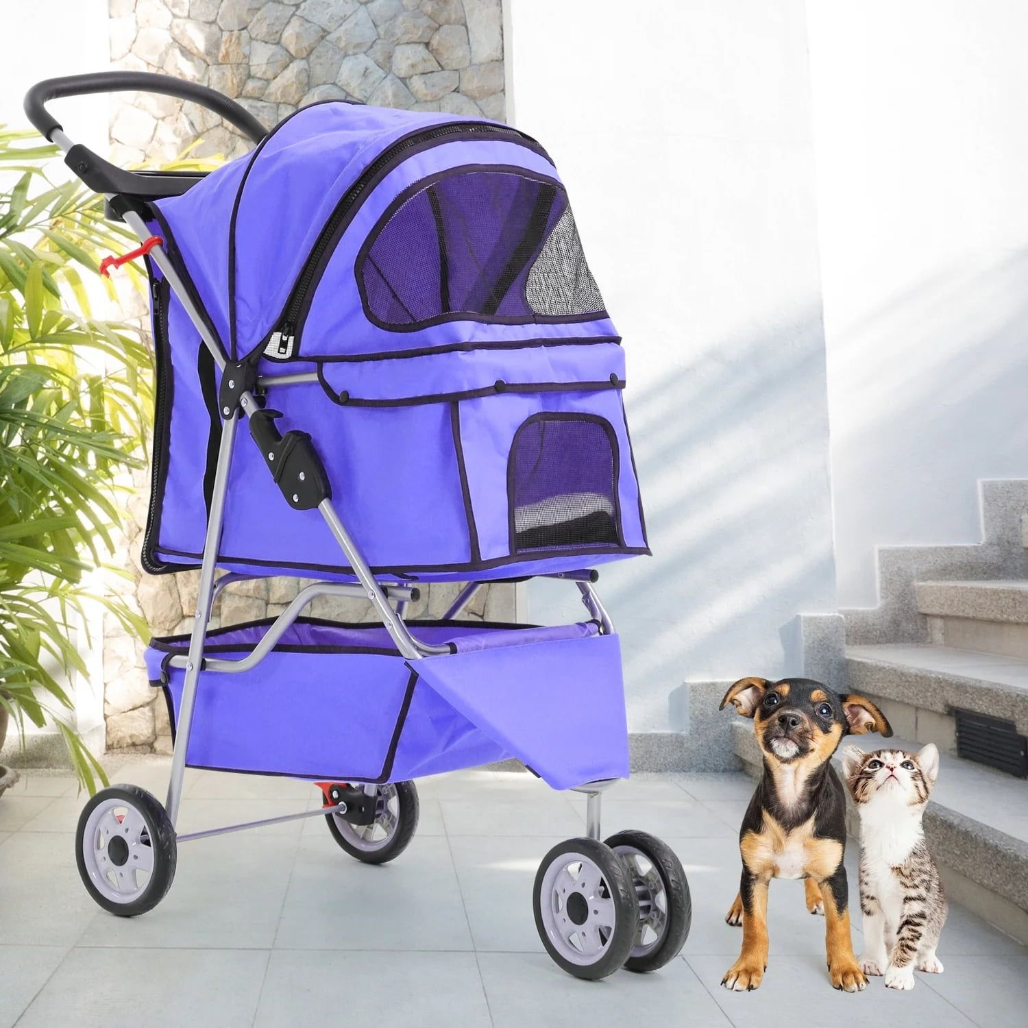 Purple 3-Wheel Foldable Pet Stroller with Storage Basket