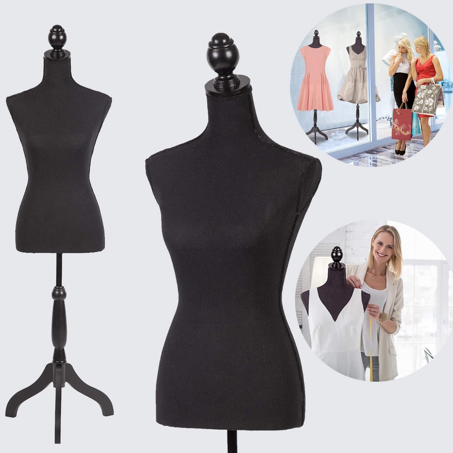 Adjustable Black Female Mannequin Torso with Wooden Tripod Stand