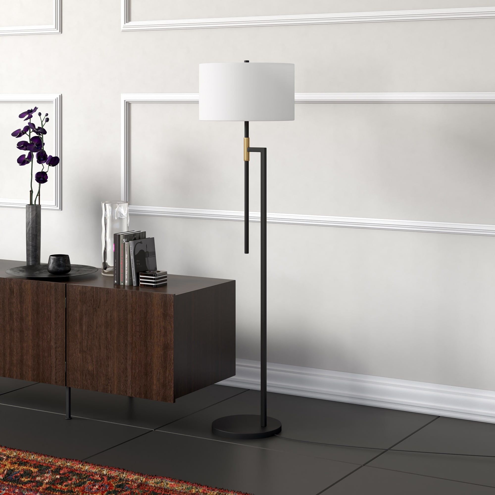 Nico 63" Black and Brass Floor Lamp with White Shade