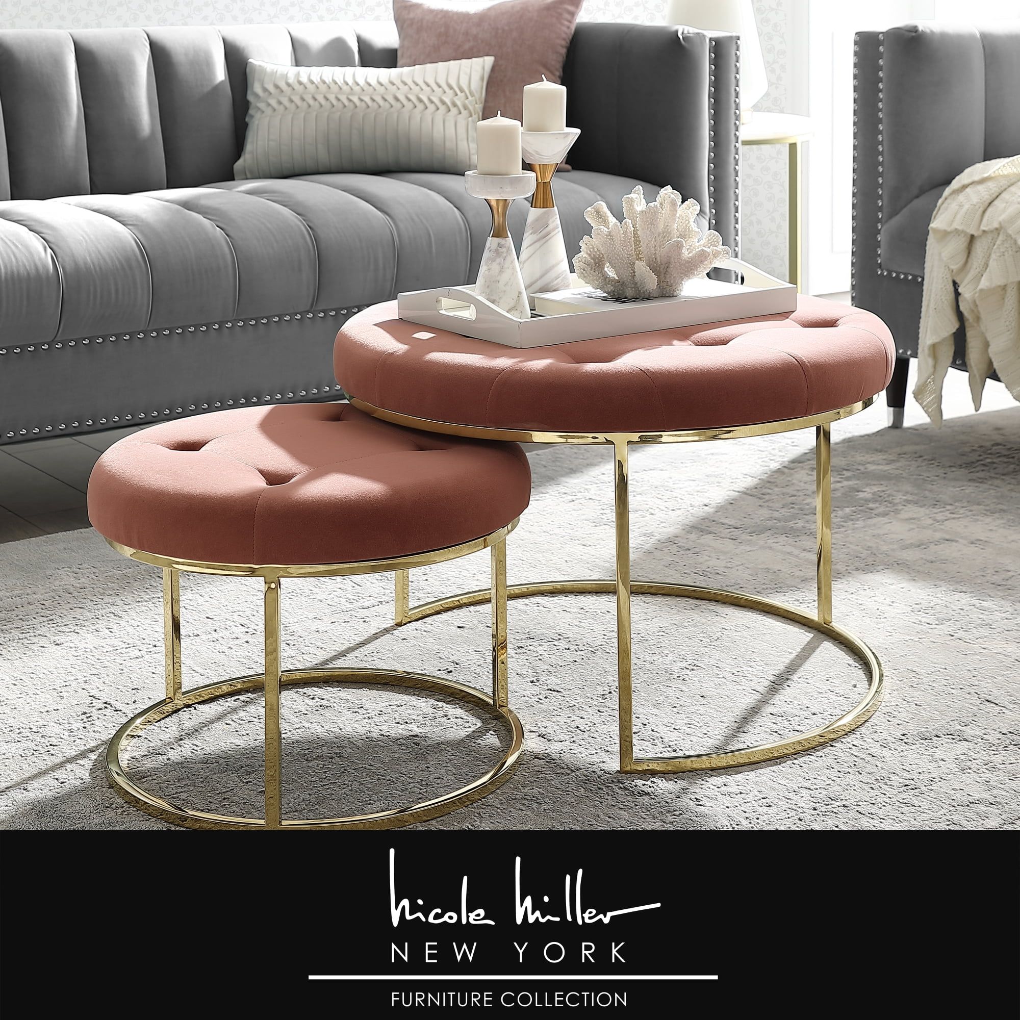 Blush Velvet Tufted Round Nesting Ottoman Set with Gold Base