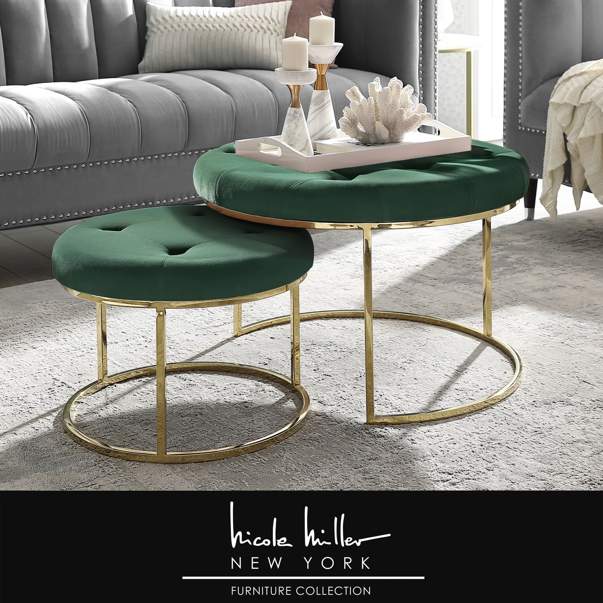 Green Velvet Tufted Round Nesting Ottoman Set with Gold Stainless Steel Base