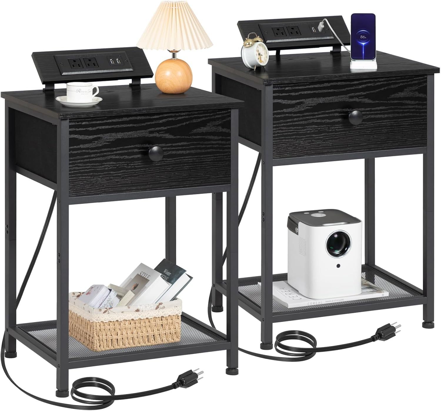 Black Nightstands Set of 2 with Charging Station and Fabric Drawer