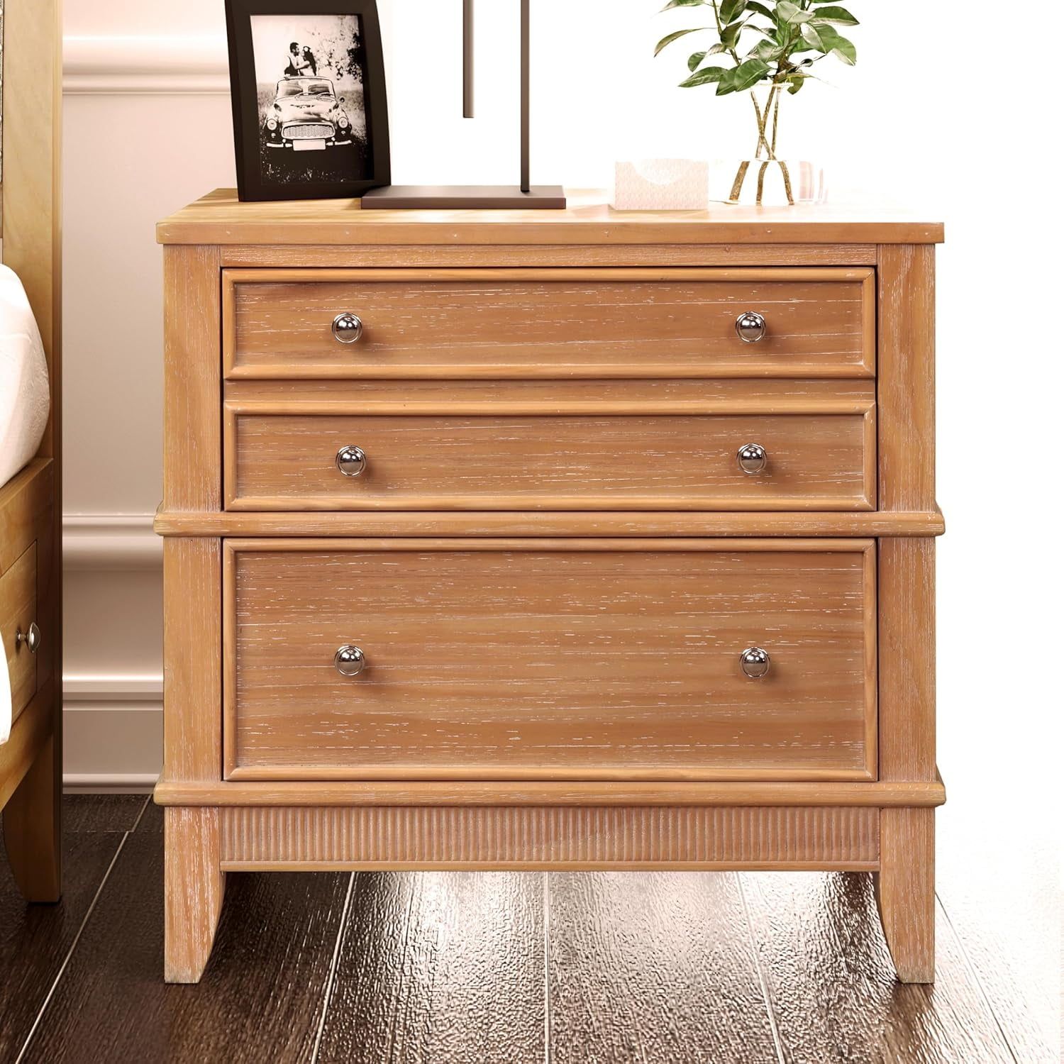 Natural Pine 3-Drawer Nightstand with Pewter Hardware