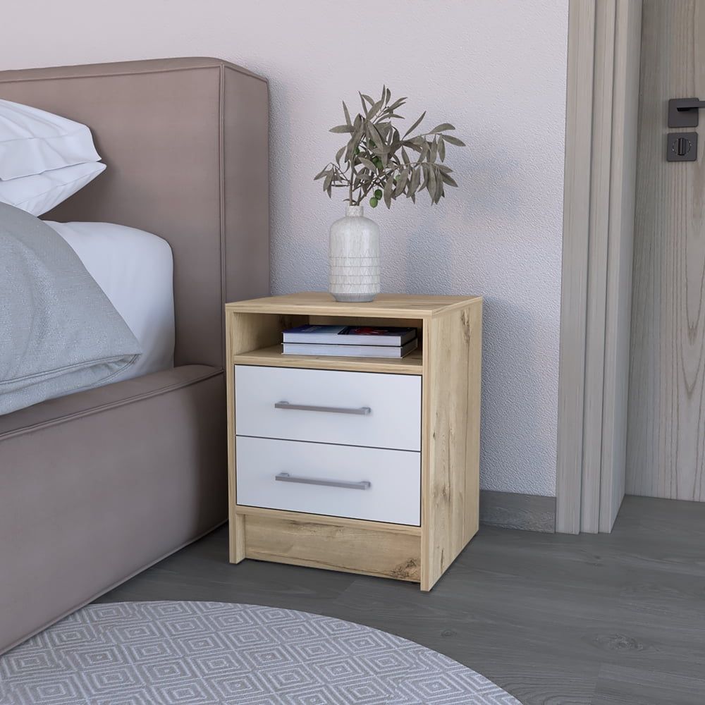 White and Light Oak 2-Drawer Modern Nightstand