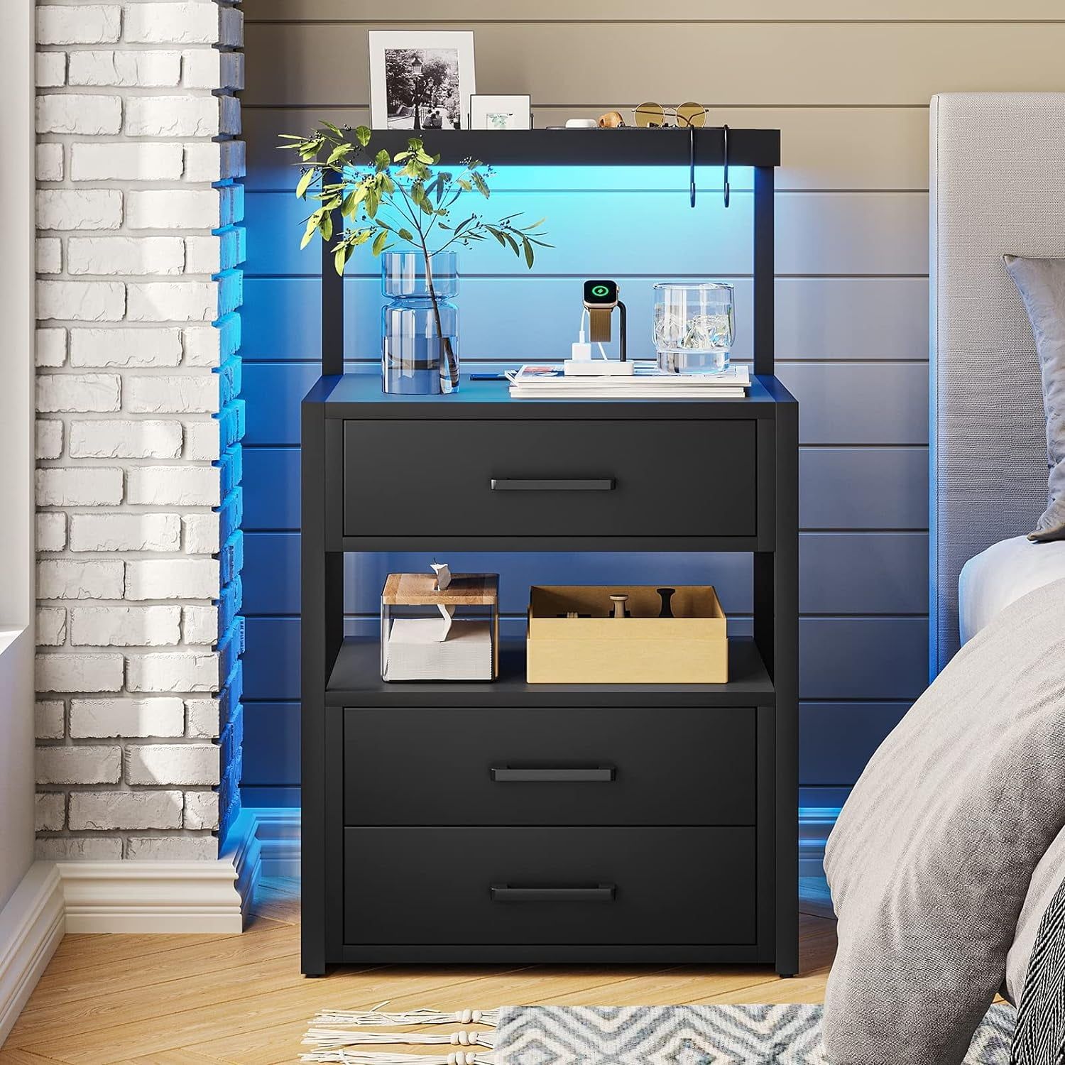 Black LED Nightstand with Charging Station and Storage Shelves