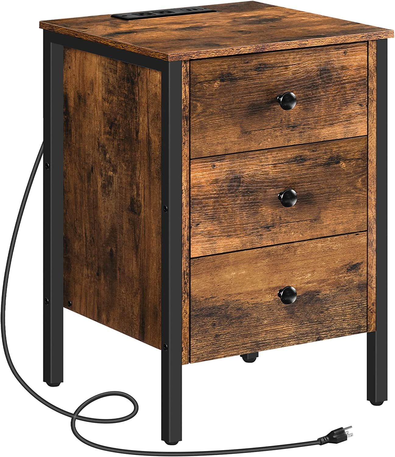 Rustic Brown Particleboard and Metal Nightstand with USB Ports