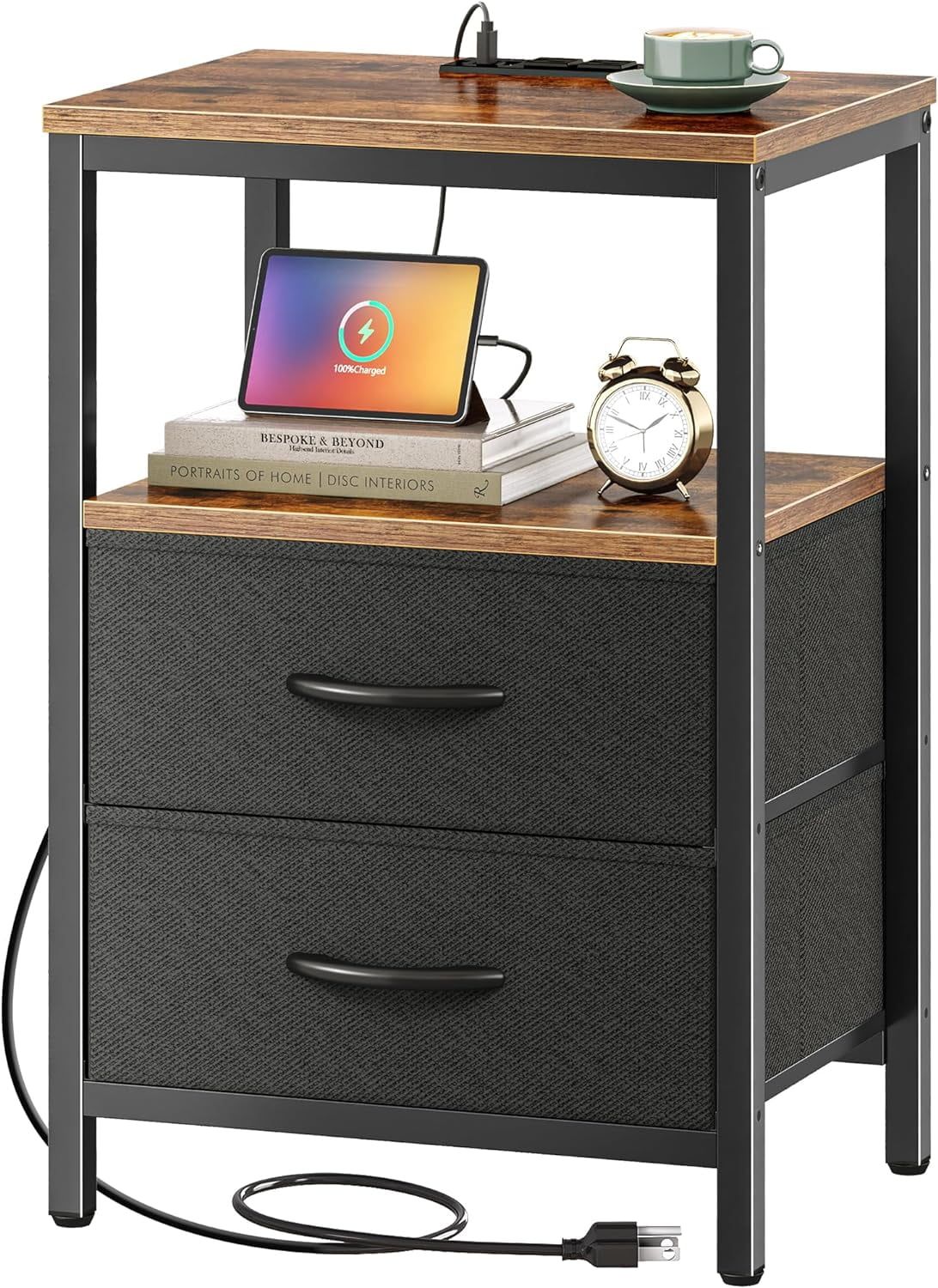 Rustic Brown and Black 2-Drawer Nightstand with Charging Station