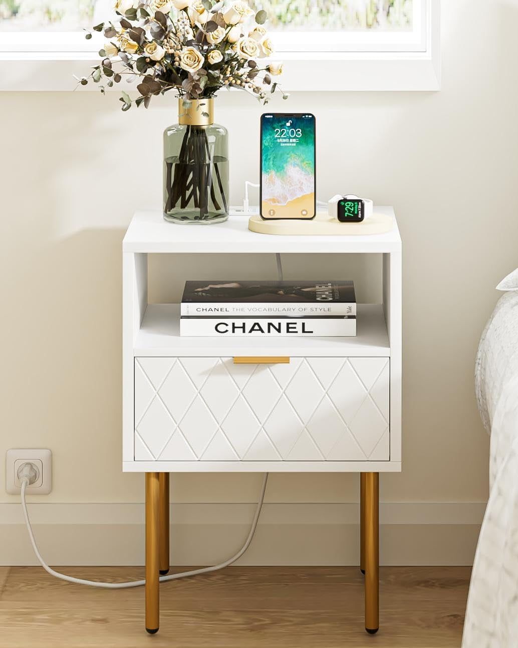 White and Gold Nightstand with Drawer and Charging Station