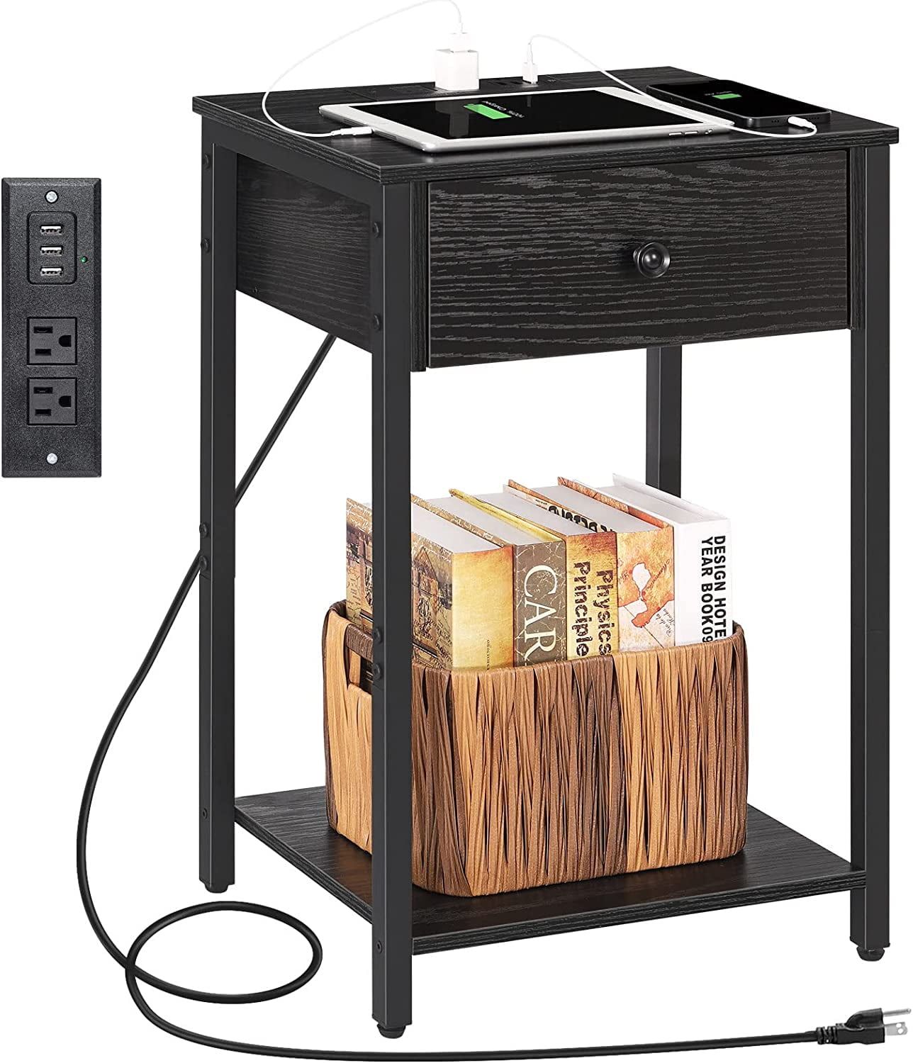 Black Nightstand with Charging Station and Storage Shelf