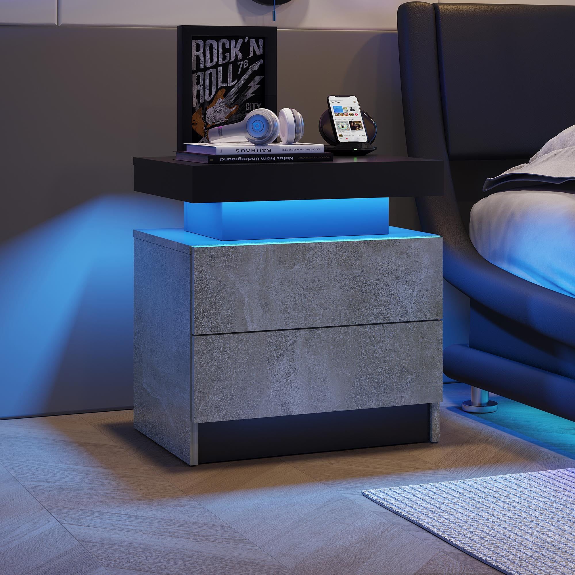 Gray Engineered Wood LED Nightstand with 2 Drawers