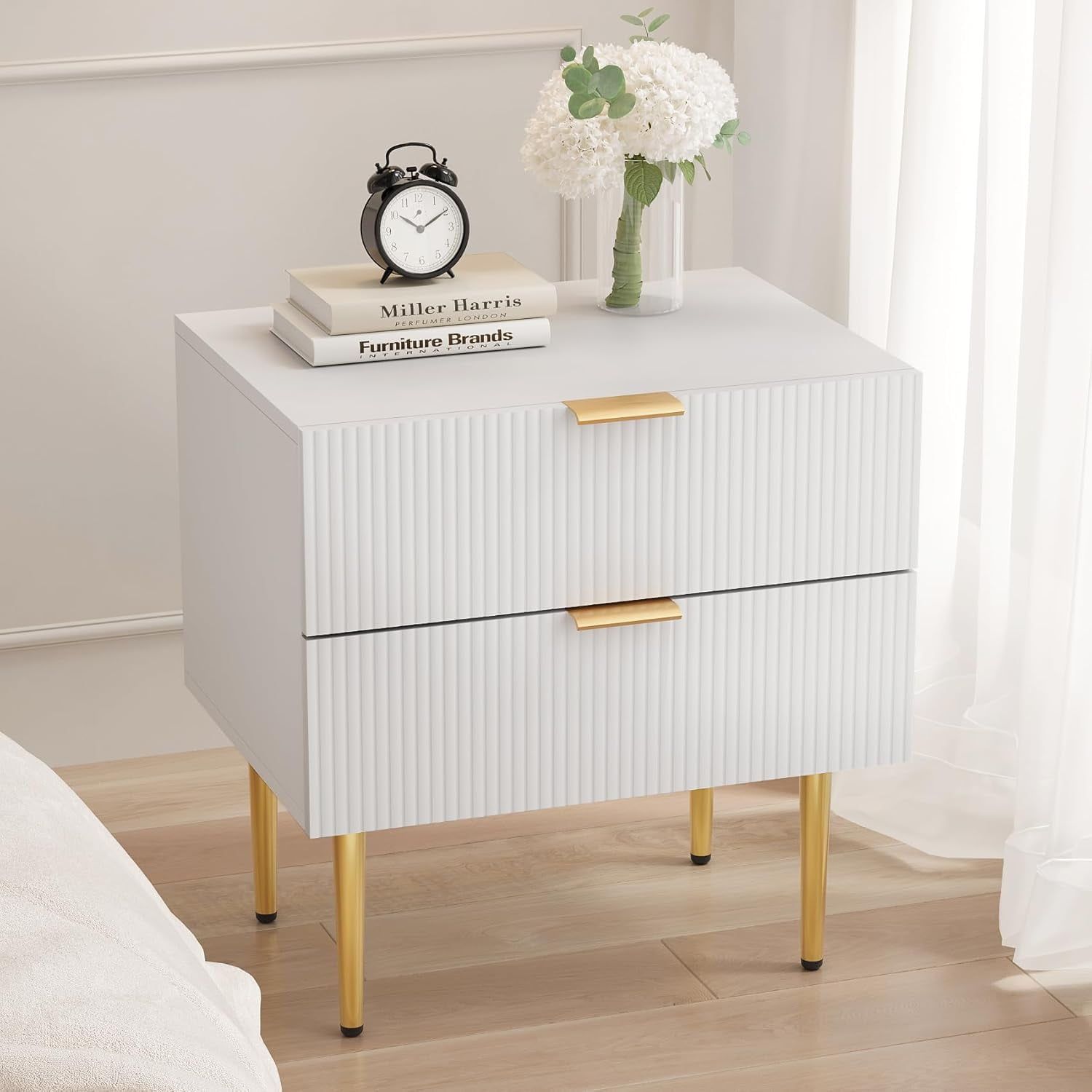 White Wave Pattern Nightstand with Gold Accents and 2 Drawers