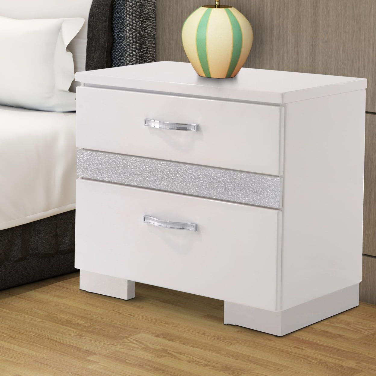 White Gloss Wood and Metal 2-Drawer Nightstand