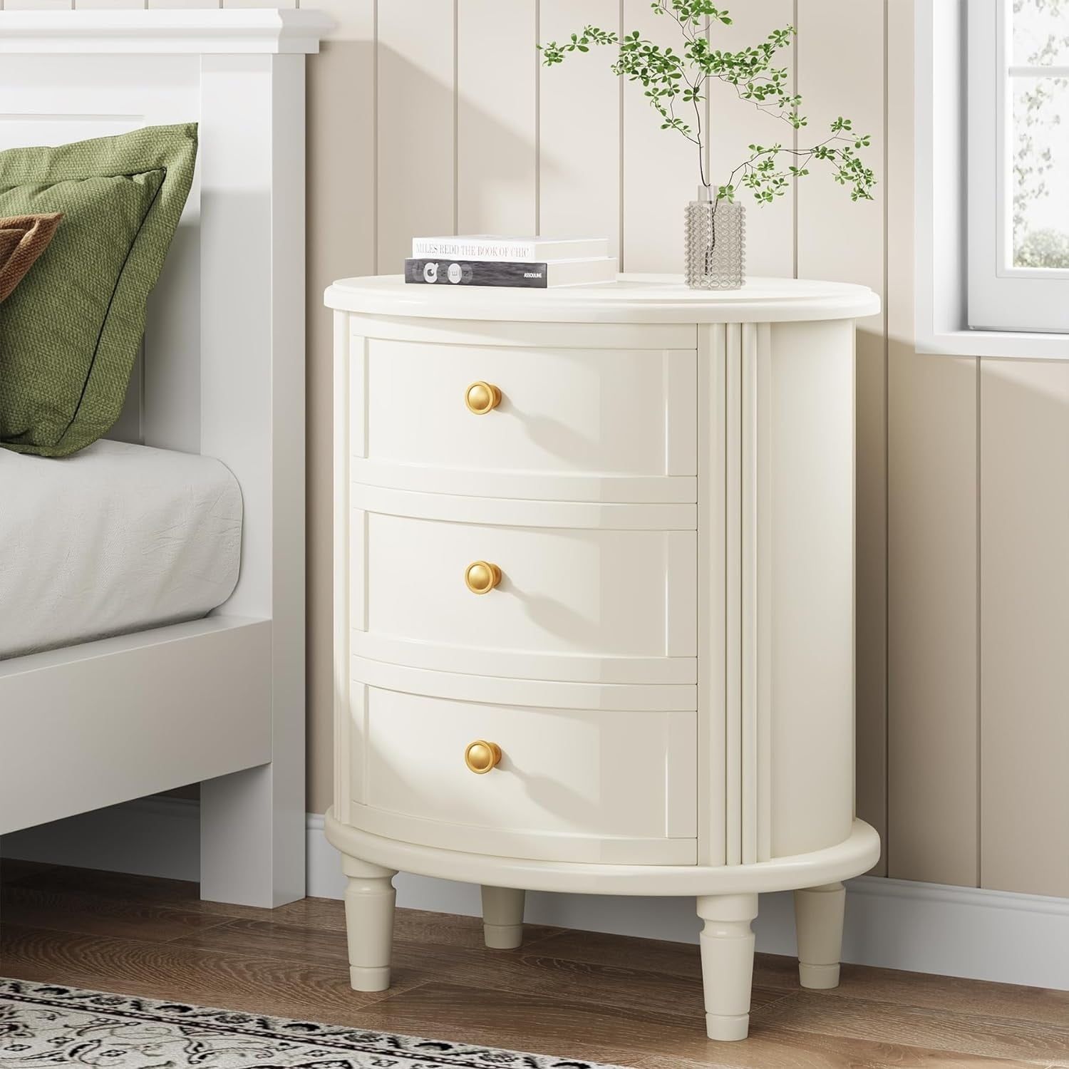 Oval Off-White 3-Drawer Wooden Nightstand