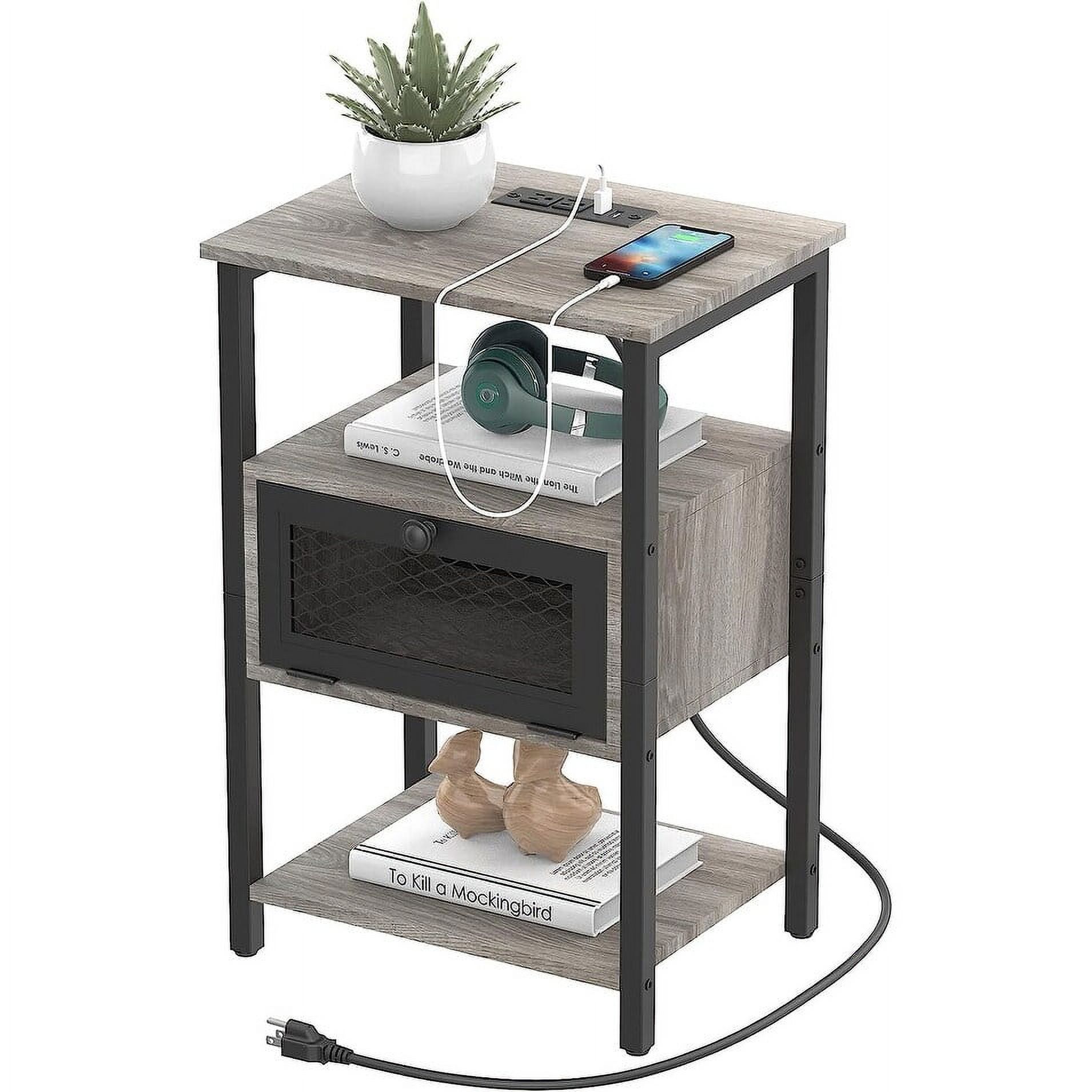 Gray Particleboard and Metal Nightstand with Charging Station