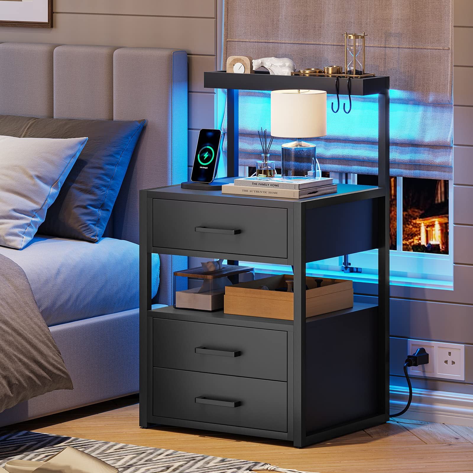 Black 3-Drawer Nightstand with LED Lights and Charging Station