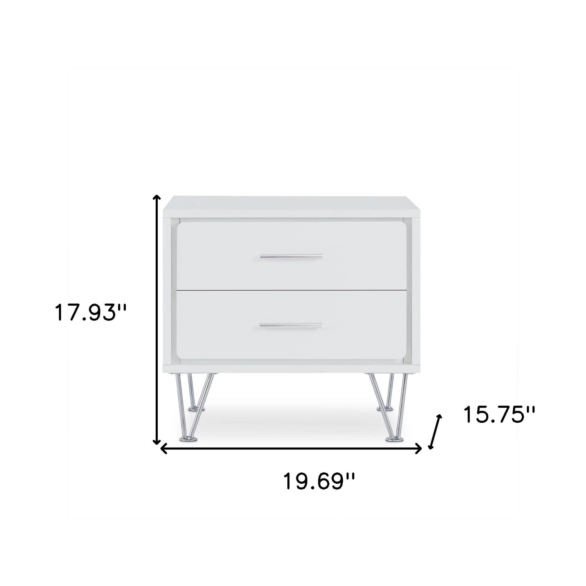 Modern White 2-Drawer Nightstand with Chrome Accents