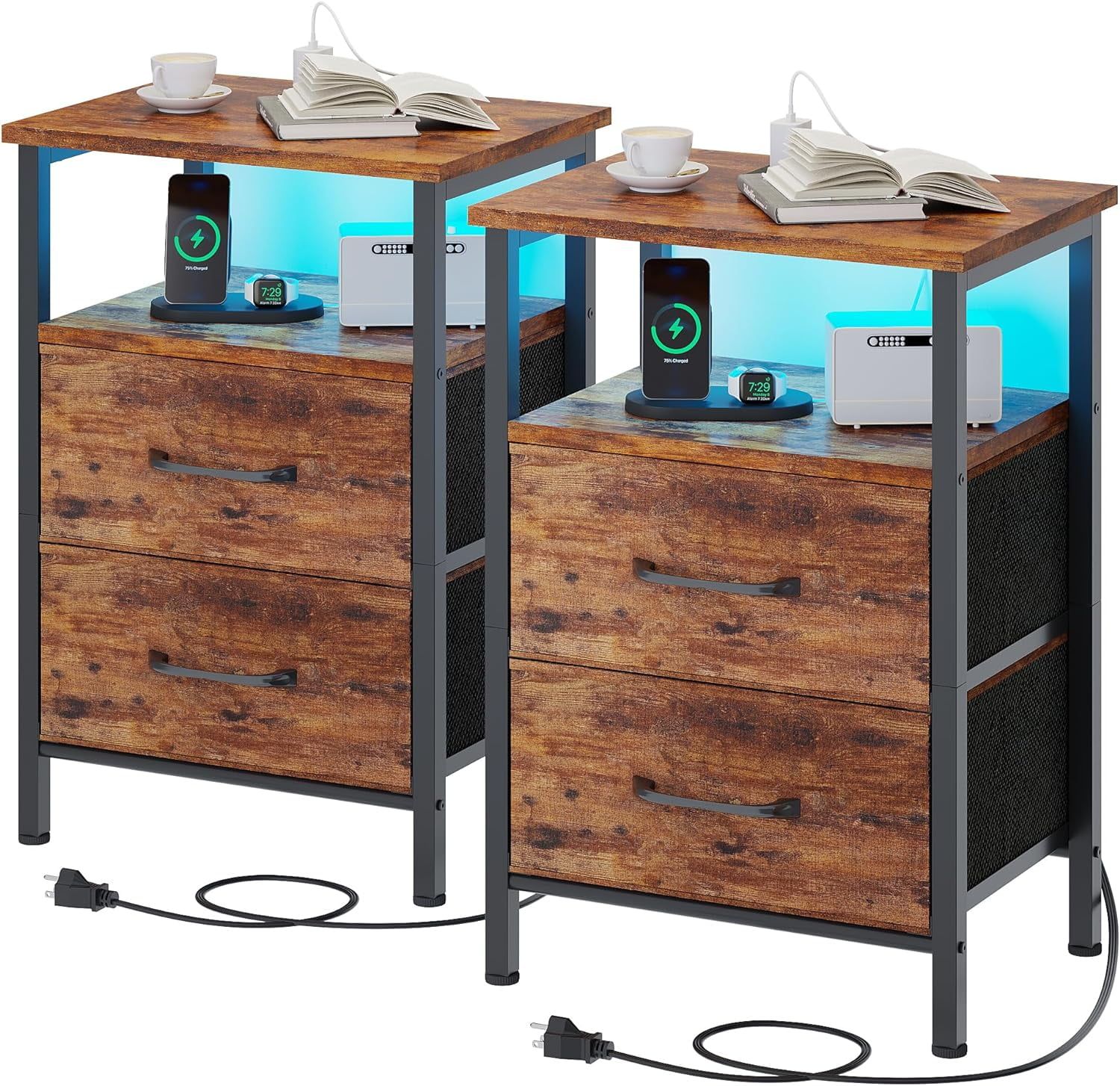 Rustic Brown Metal and Wood 2-Drawer Nightstands with LED Lights