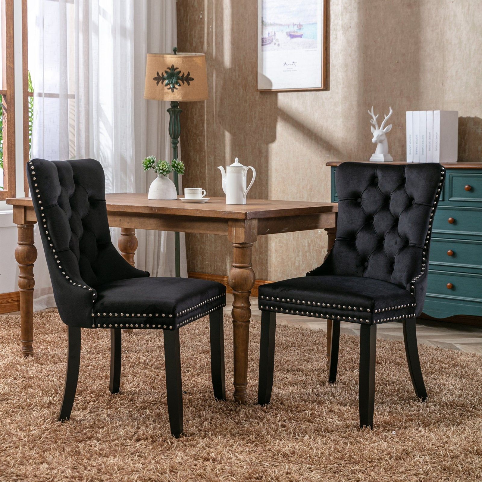 Elegant Black Velvet Tufted Dining Chair with Golden Legs, Set of 2