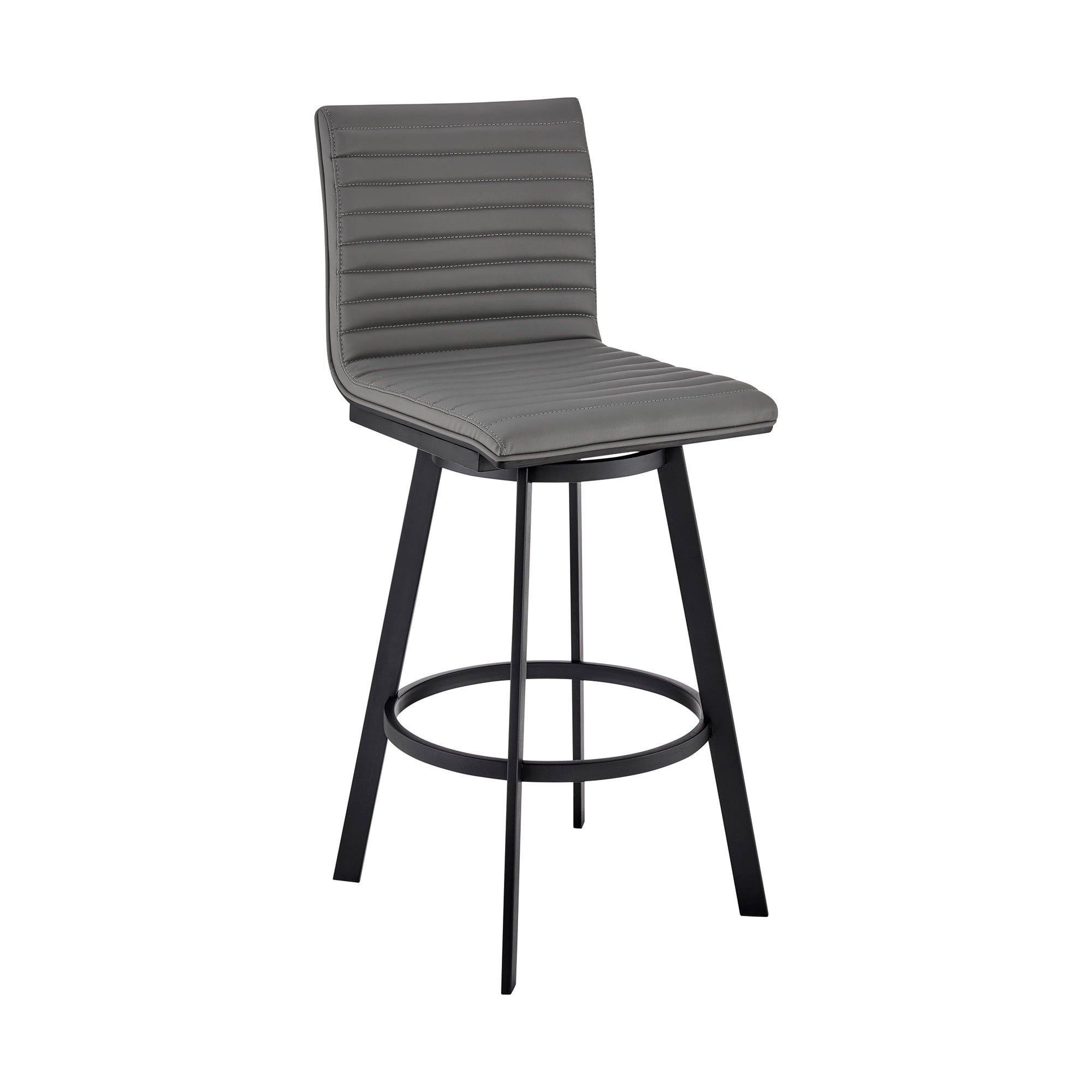 Contemporary Gray Leather Swivel Bar Stool with Metal Accents