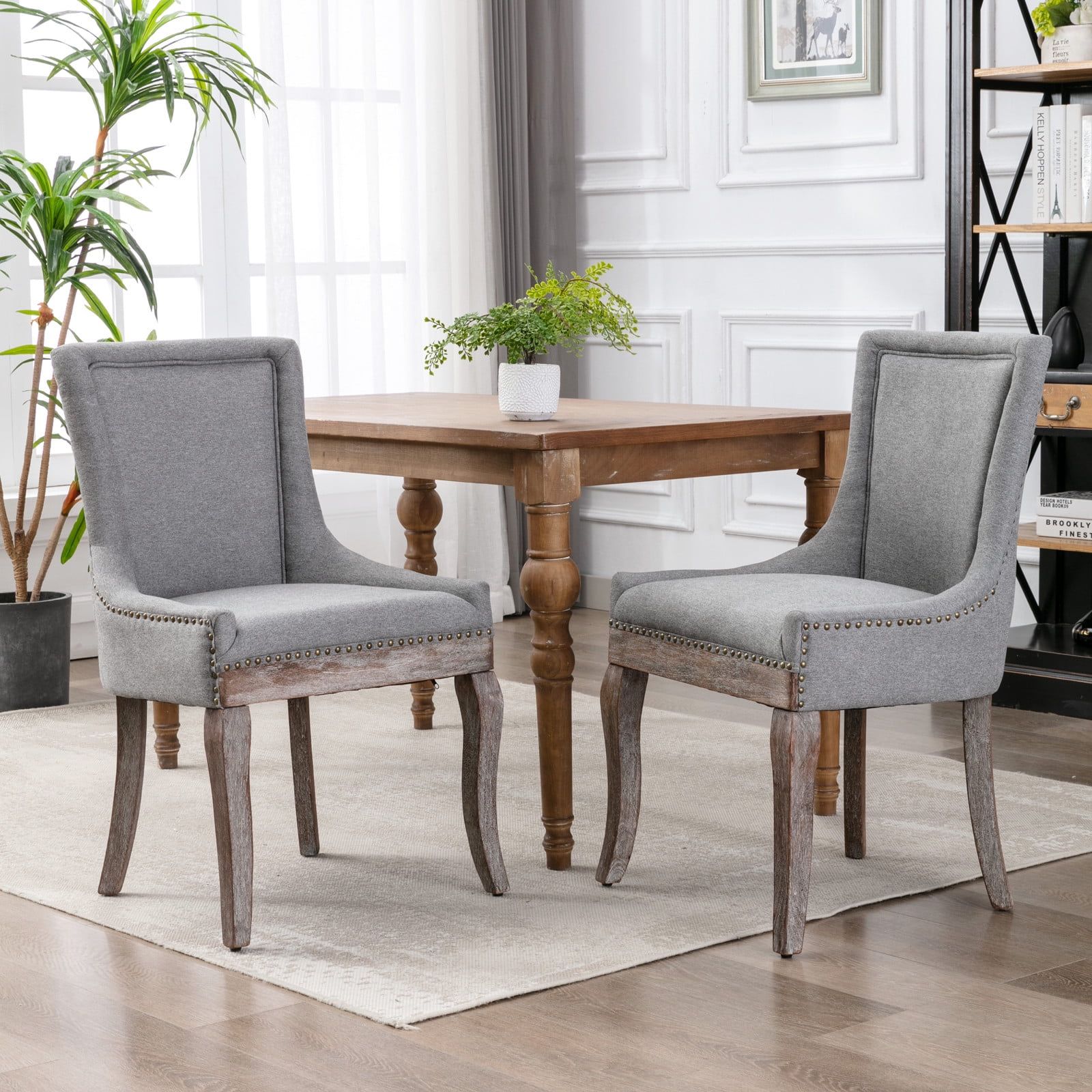 Gray High Back Fabric Side Chairs with Wood Legs, Set of 2