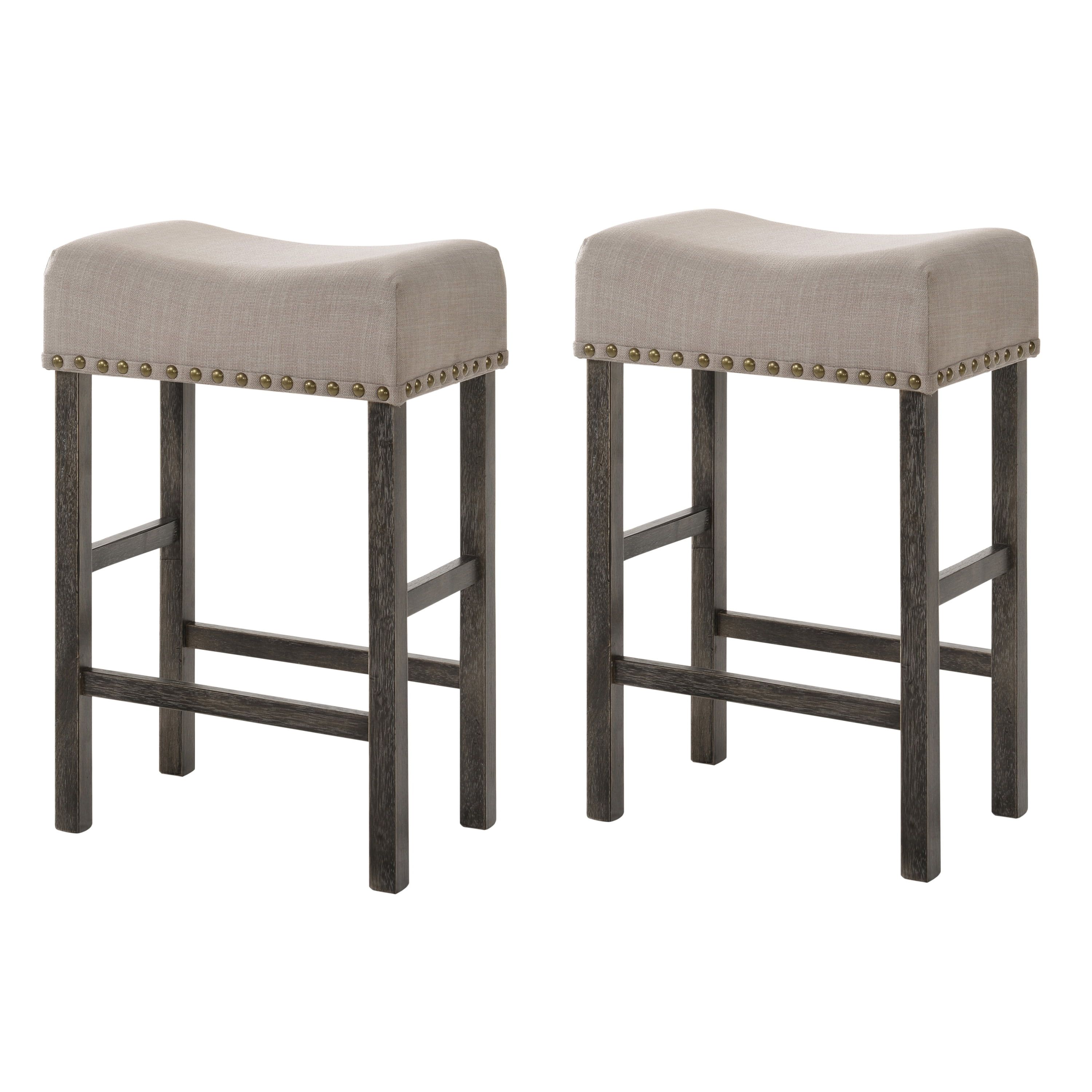 Gray Wood Saddle Counter Height Stools with Linen Upholstery