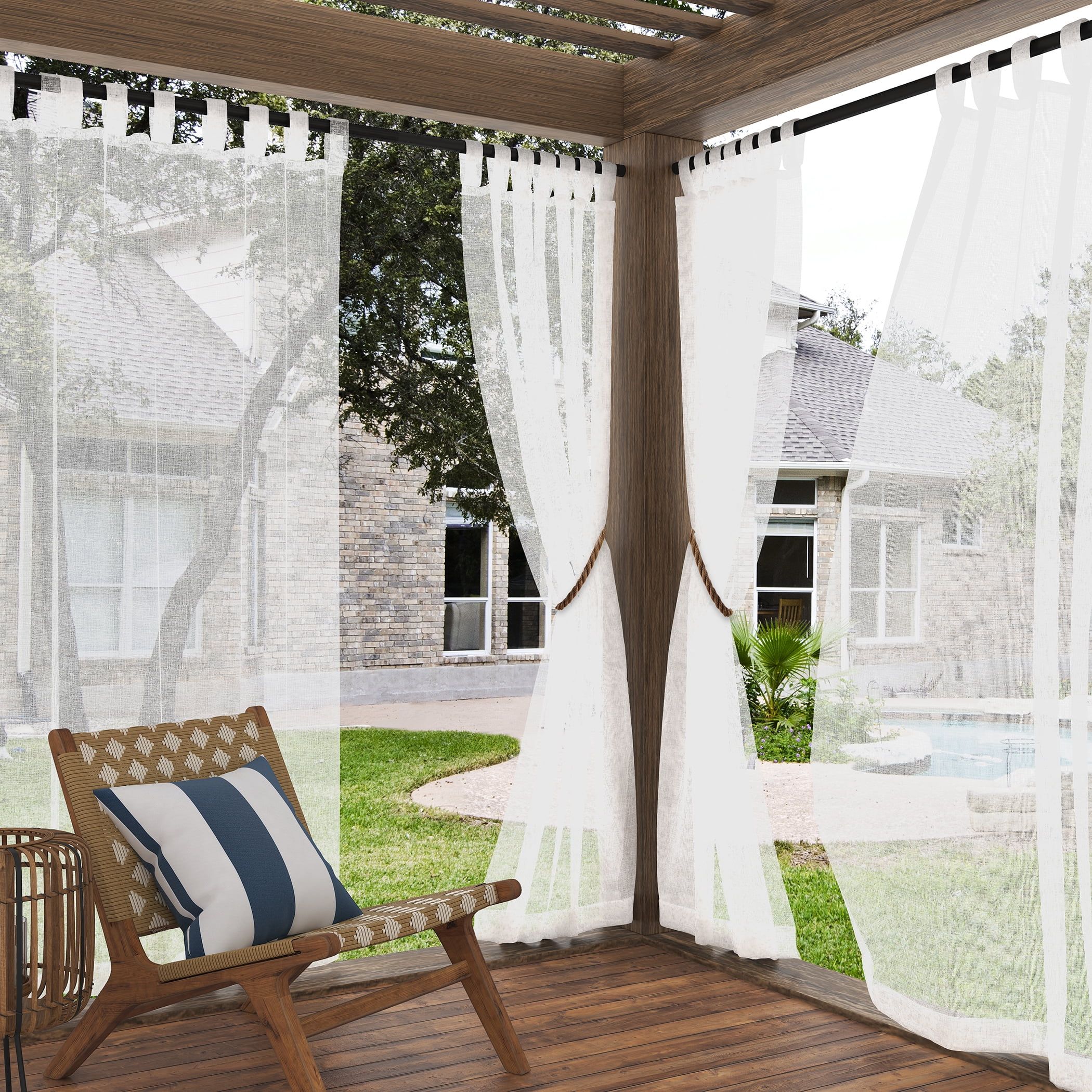 White Sheer Polyester Tab Top Outdoor Curtain Panel, 50" x 84"
