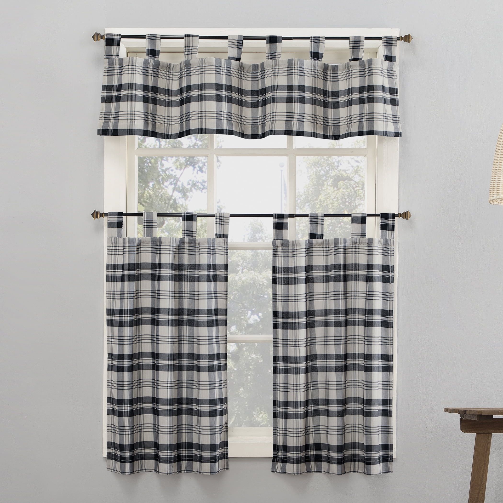 Coal Black Plaid Polyester Tab Top Kitchen Curtain Set