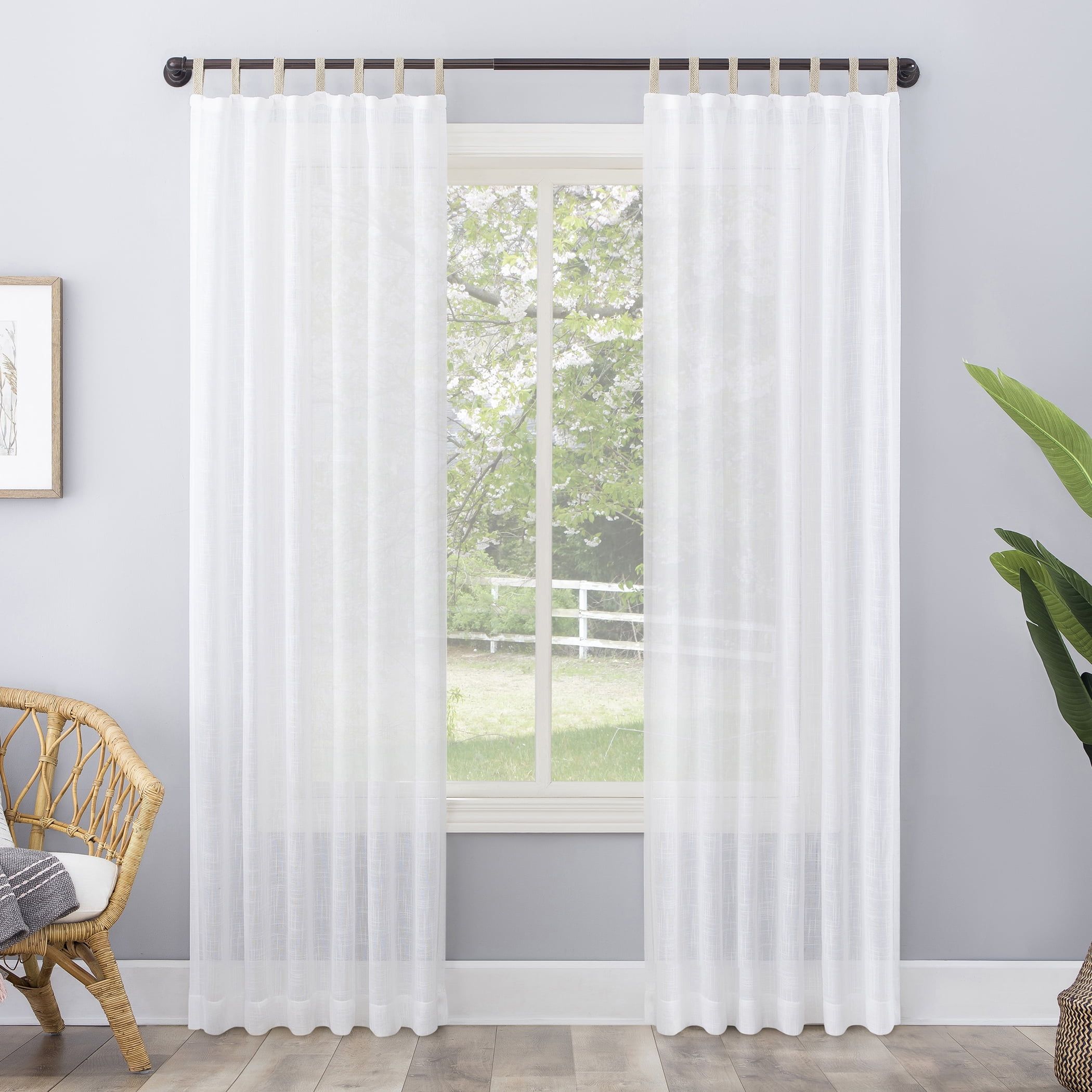 White Linen Texture Sheer Tab Top Curtain Panel