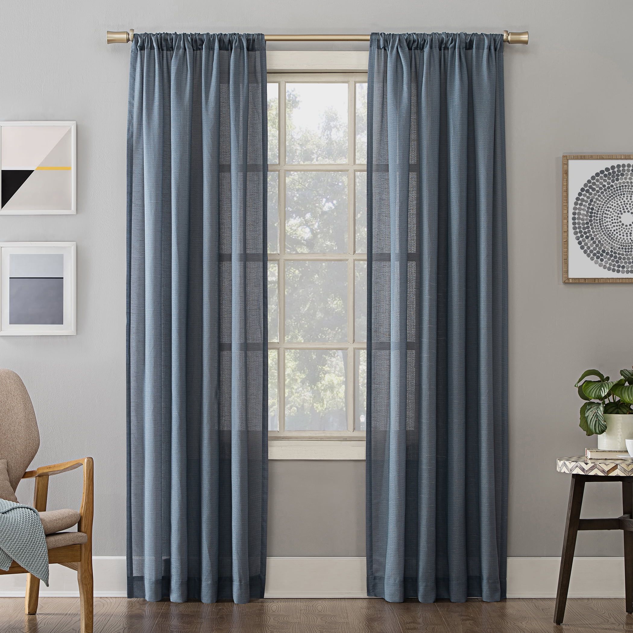 Denim Blue Linen Blend Semi-Sheer Rod Pocket Curtain Panel, 54" x 95"