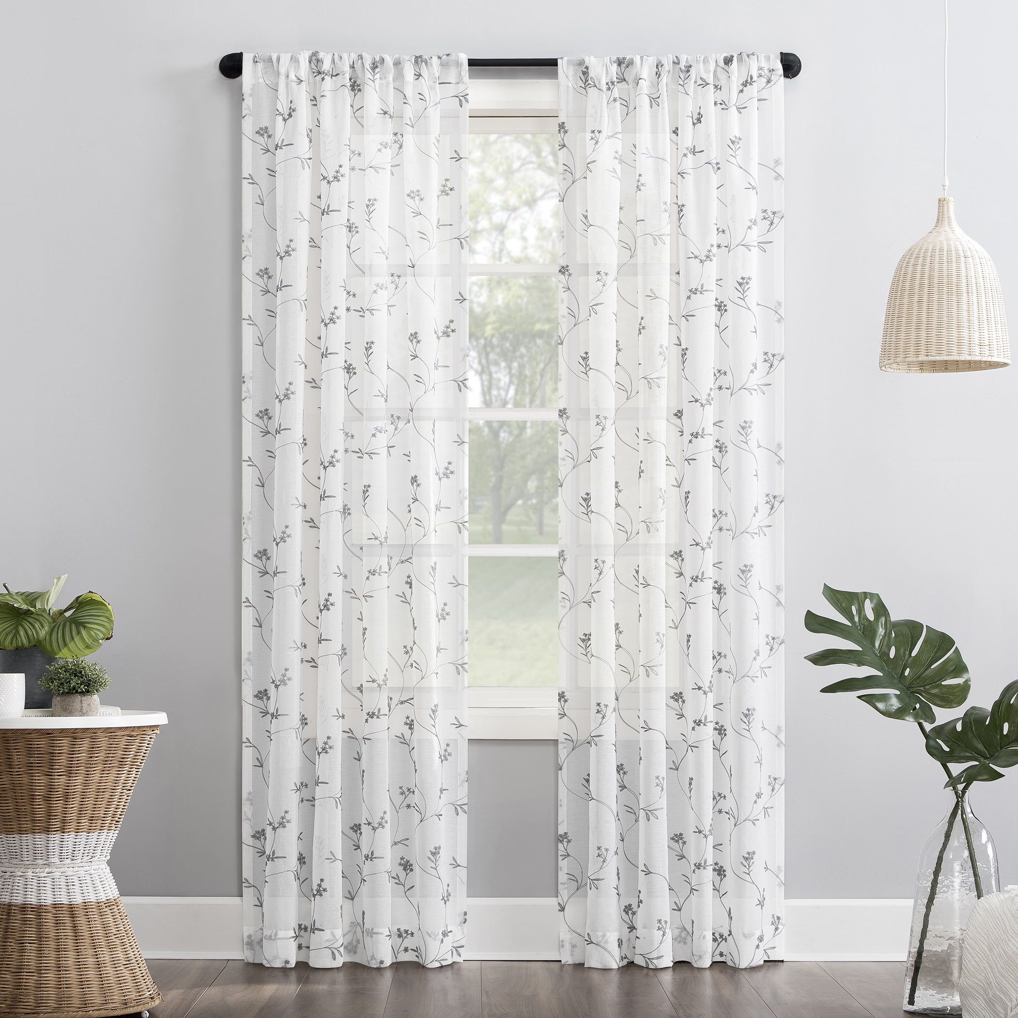 White Sheer Embroidered Floral Rod Pocket Curtain Panel