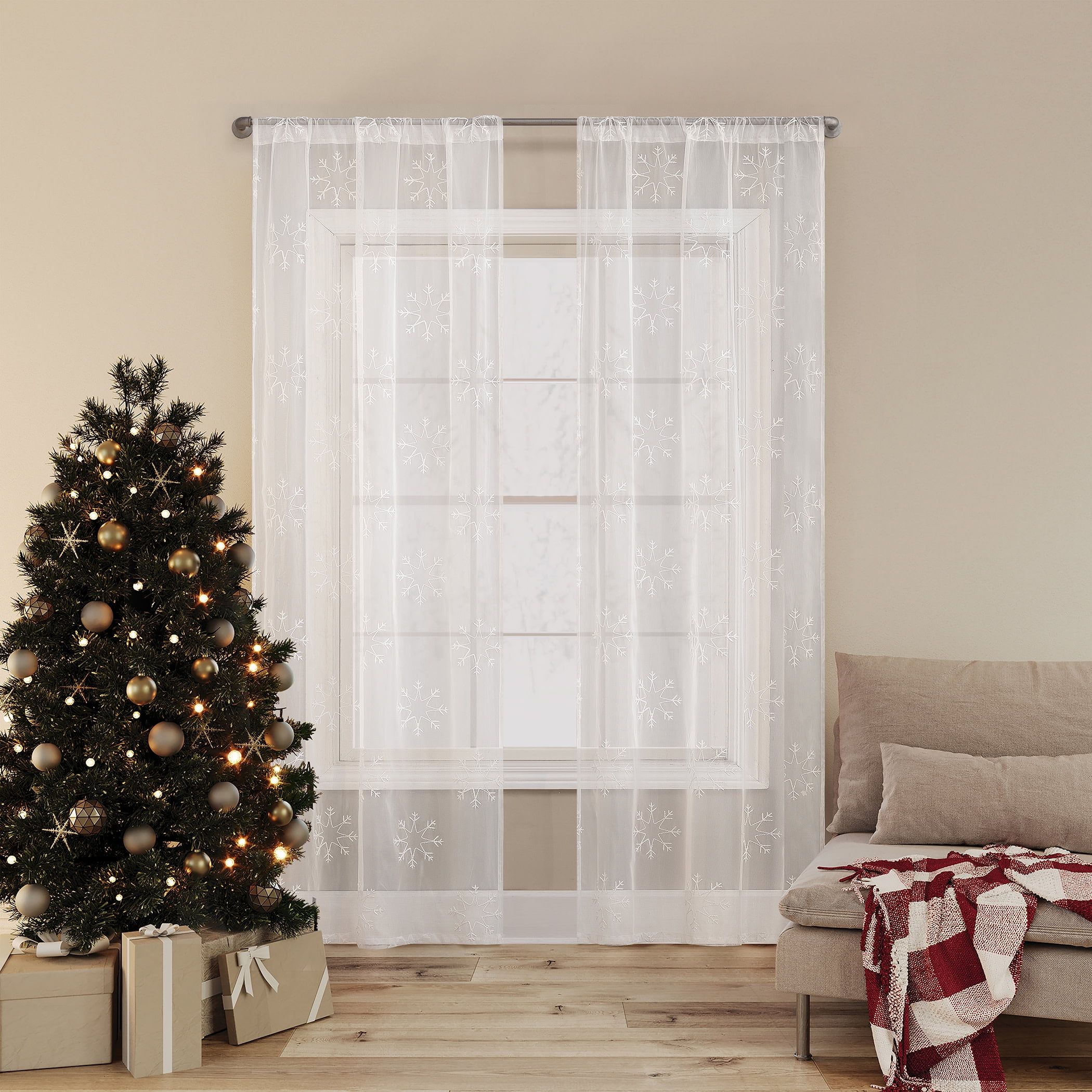 White Sheer Snowflake Embroidery Rod Pocket Curtain Panel 36" x 63"