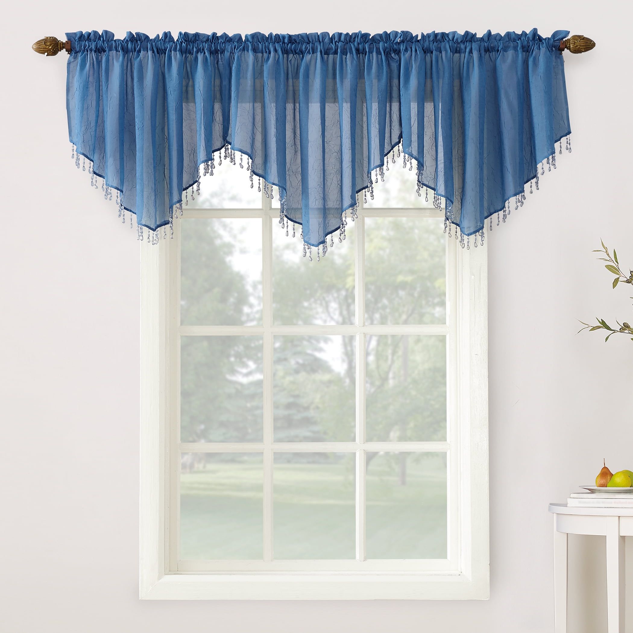 Blue Crushed Voile Beaded Rod Pocket Valance