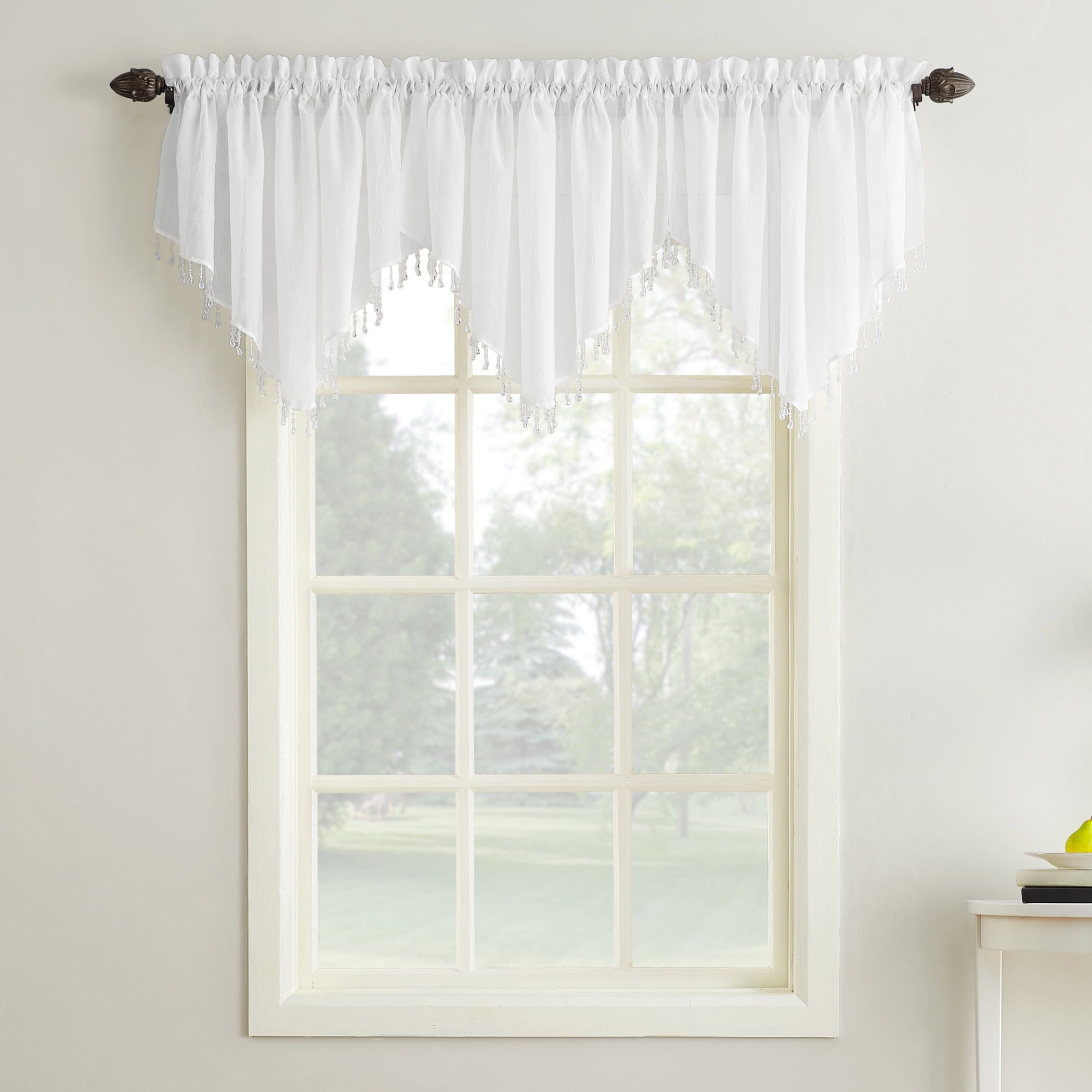 White Crushed Voile Beaded Ascot Valance, 51x24