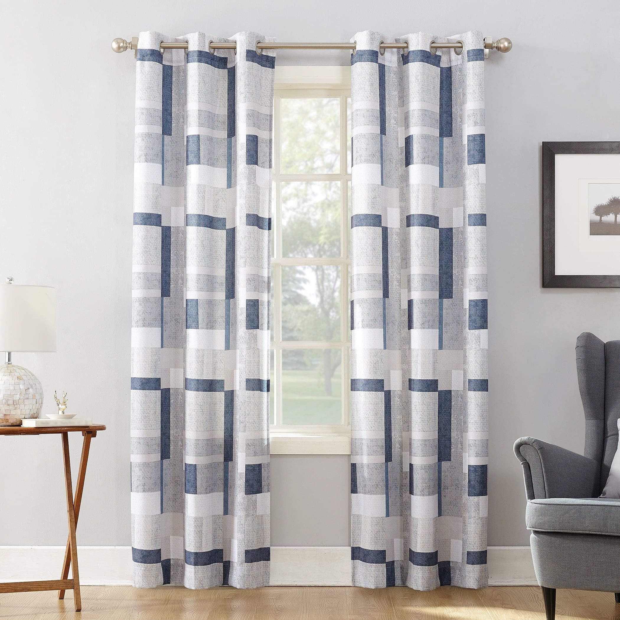 Navy Geometric Blocks Light-Filtering Grommet Curtain Panel