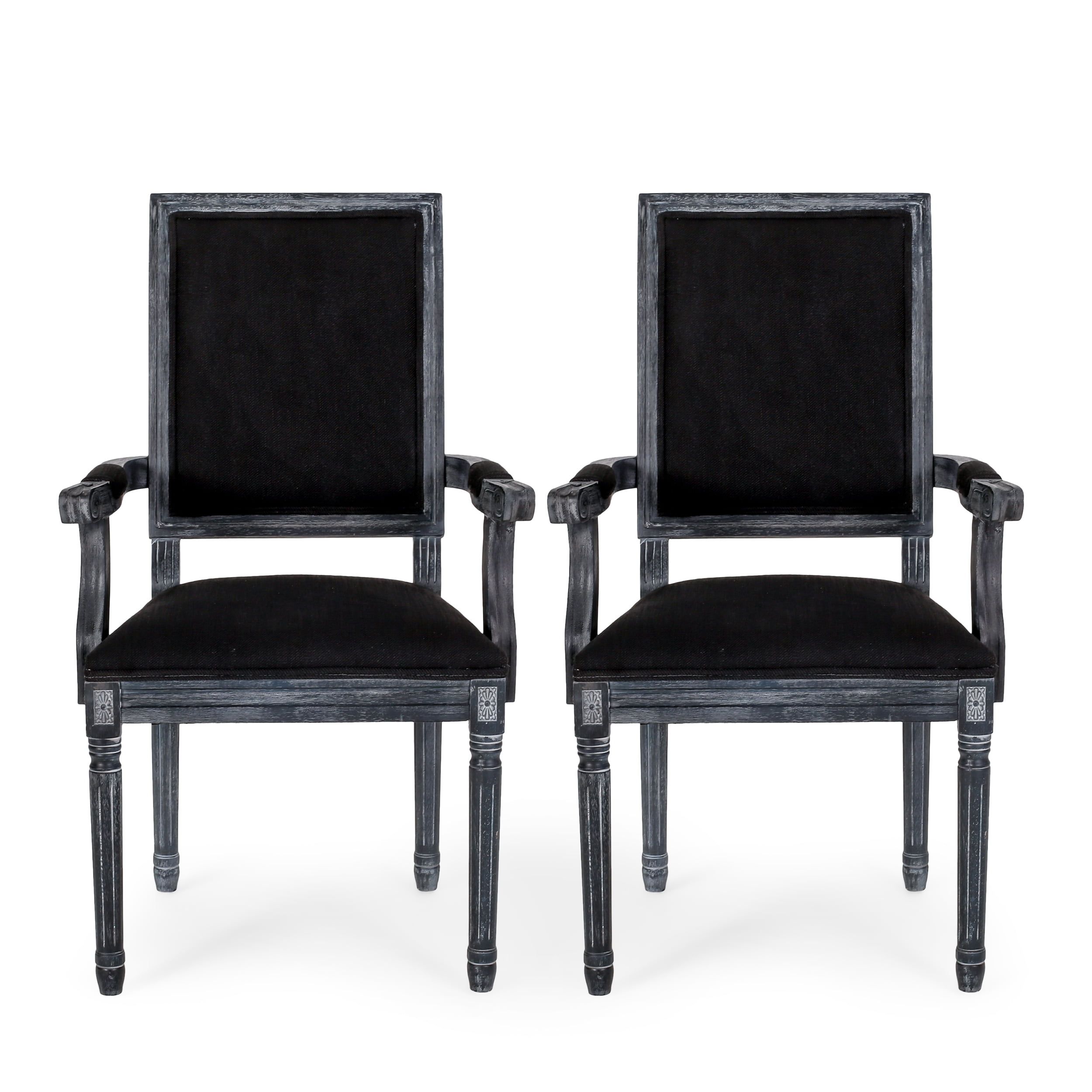 Elegant High-Backed Black Fabric Arm Chair with Wood Frame, Set of 2